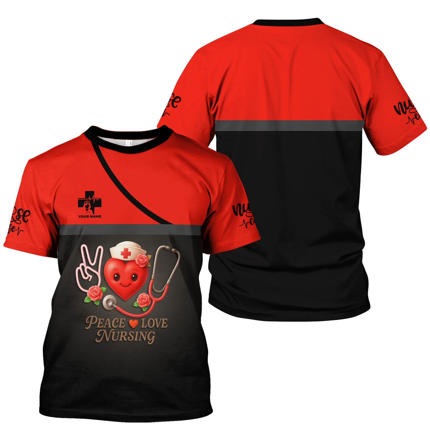 Personalized Nurse Scrubs with Heart Design - Peace Love Nursing - Custom RN CNA LPN Scrubs Gift for Women