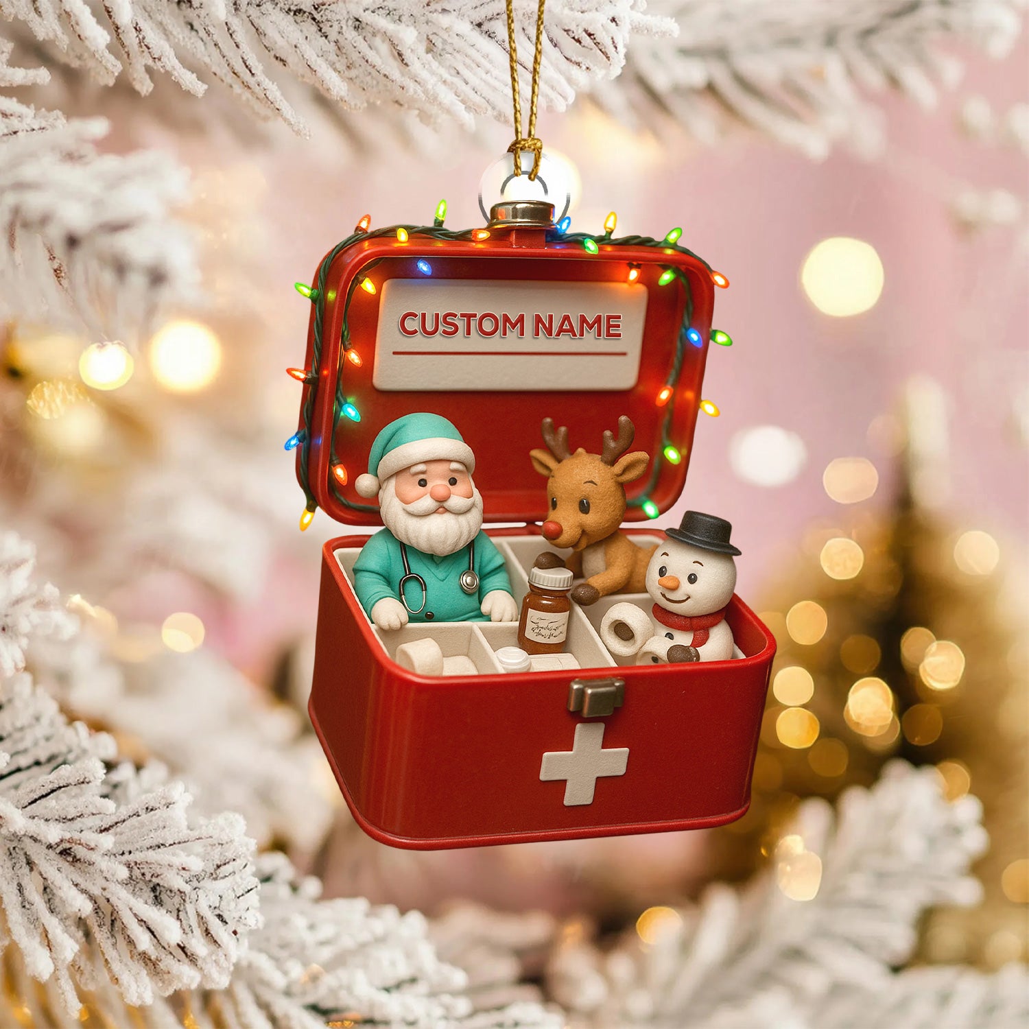 Personalized First Aid Christmas Tree Ornament – Custom Name Medical Santa & Reindeer Holiday Box Decor – Cute Nurse Doctor Ornament for Healthcare Workers
