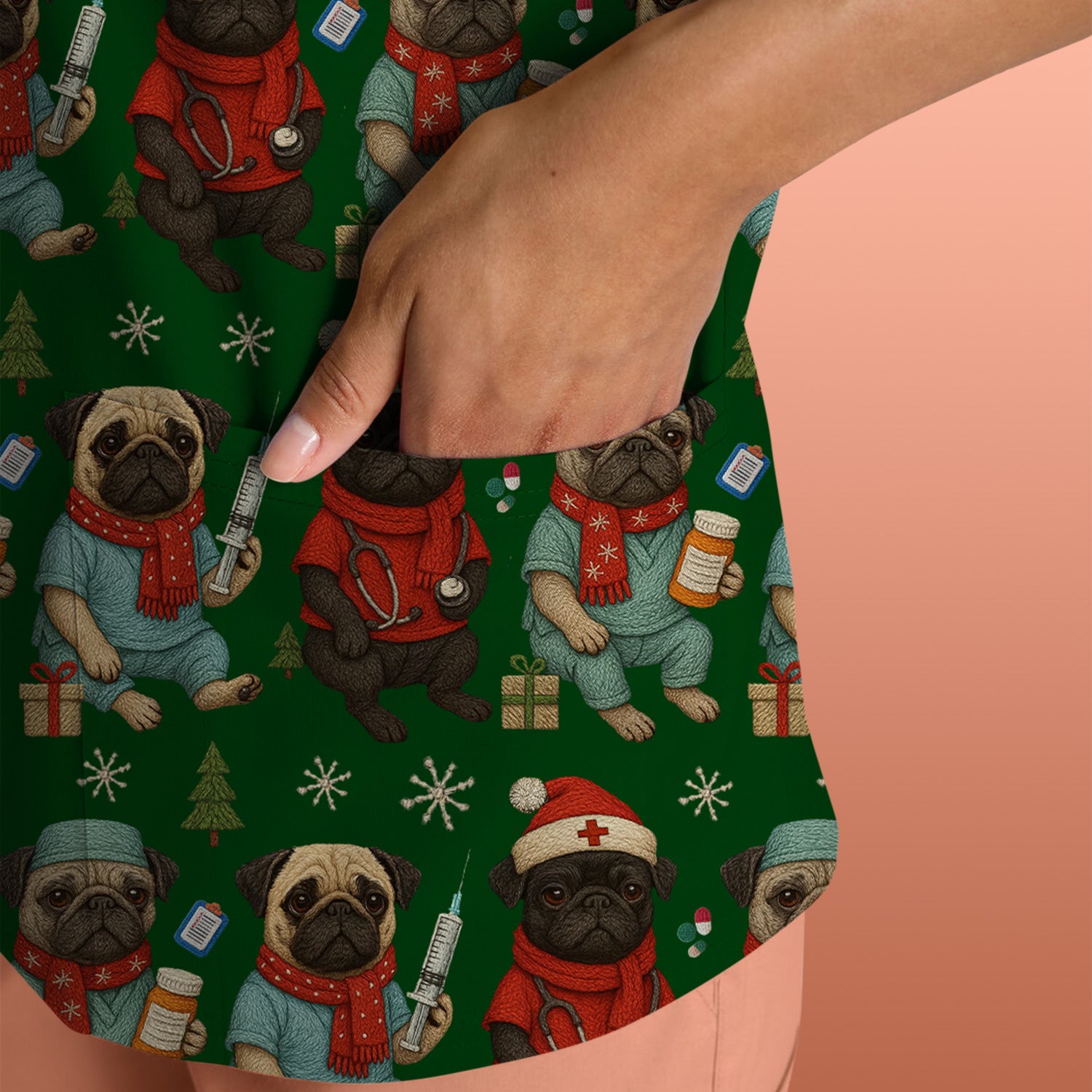 Christmas Pug Nurse Scrub Top, Cute Holiday Dog Medical Uniform Shirt For Nursing