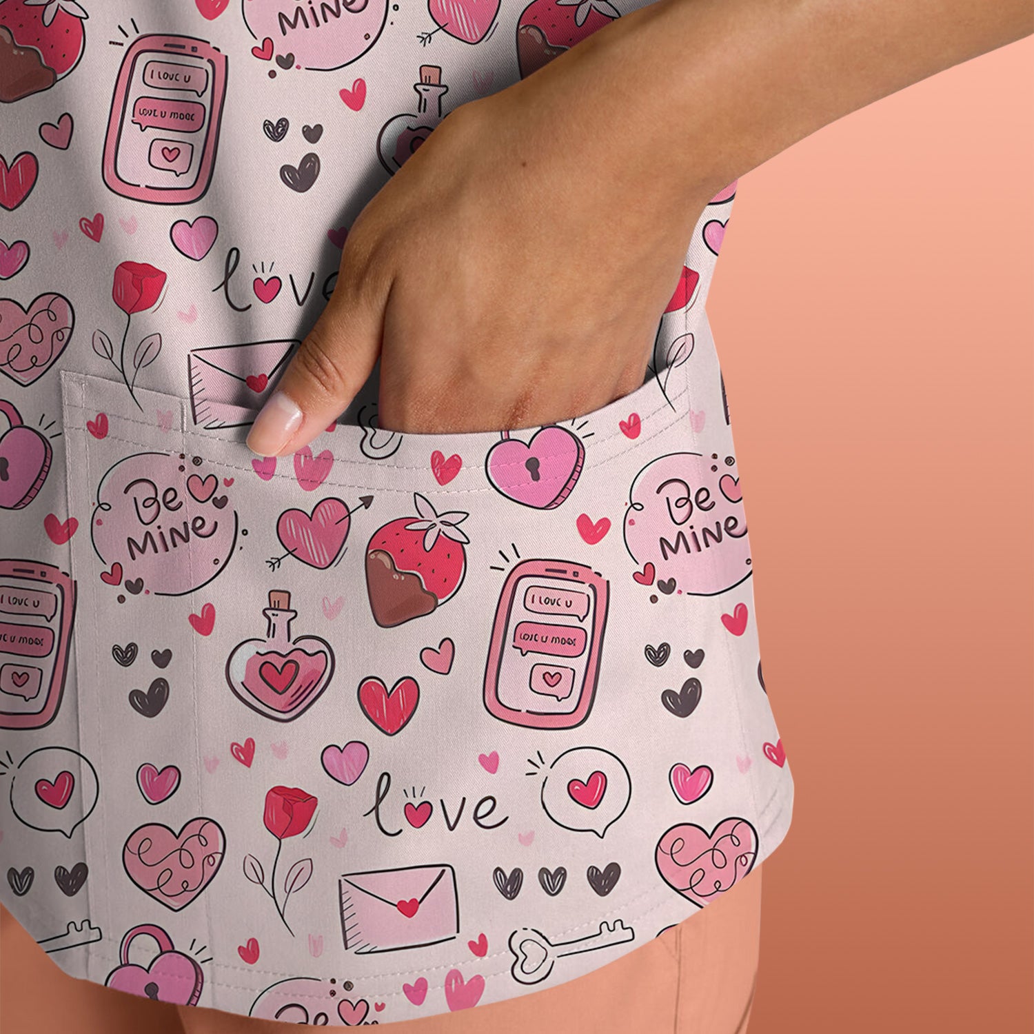 Be Mine Heart Pattern Pattern Scrub Top, Pink Valentine Pattern Nursing Uniform For Women