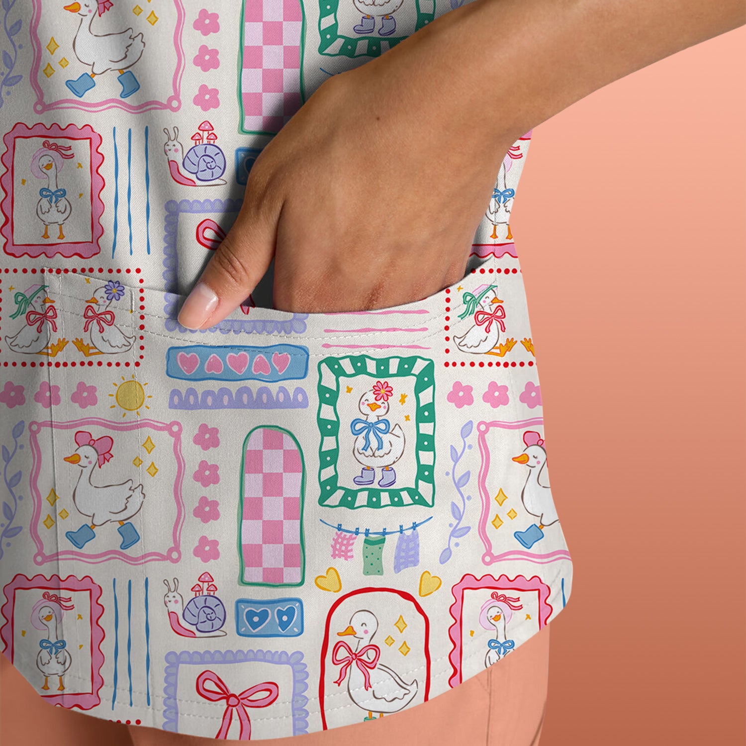 Adorable Nurse Goose Ribbon Patchwork Frame Pattern Scrub Top, Comfortable Scrubs for Nurses