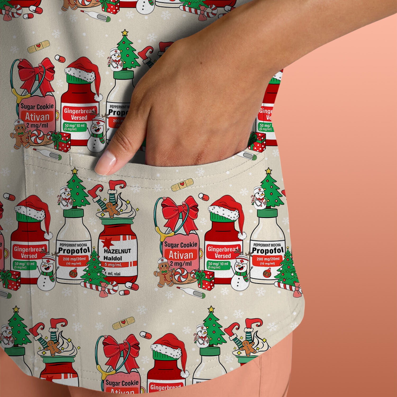 Funny Christmas Medication Scrub Top – Festive Holiday Pharma Bottles Pattern – Playful Medical Uniform for Nurses, Pharmacists & Healthcare Workers