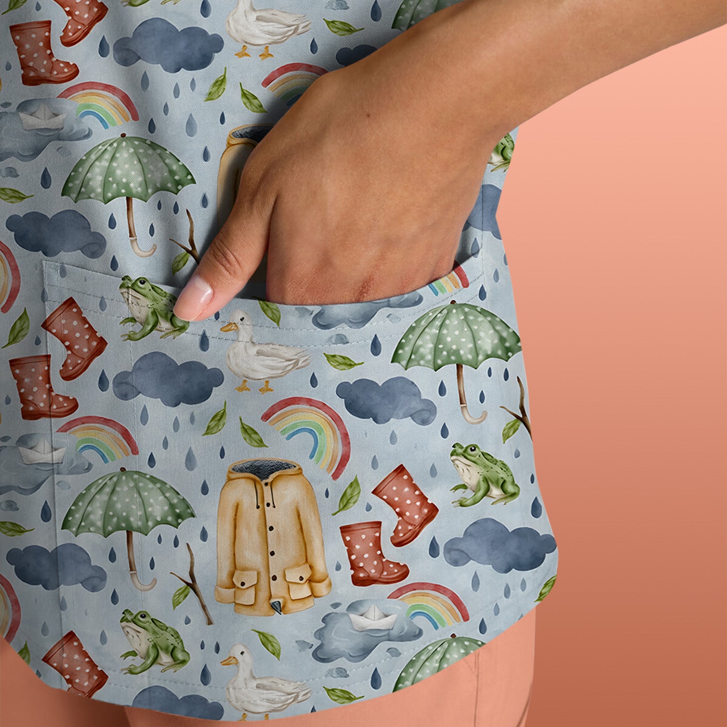 Cute Rainy Day Ducks & Frog Rainbow Pattern Scrub Top, Colorful Gothic Nurse Scrubs Uniform