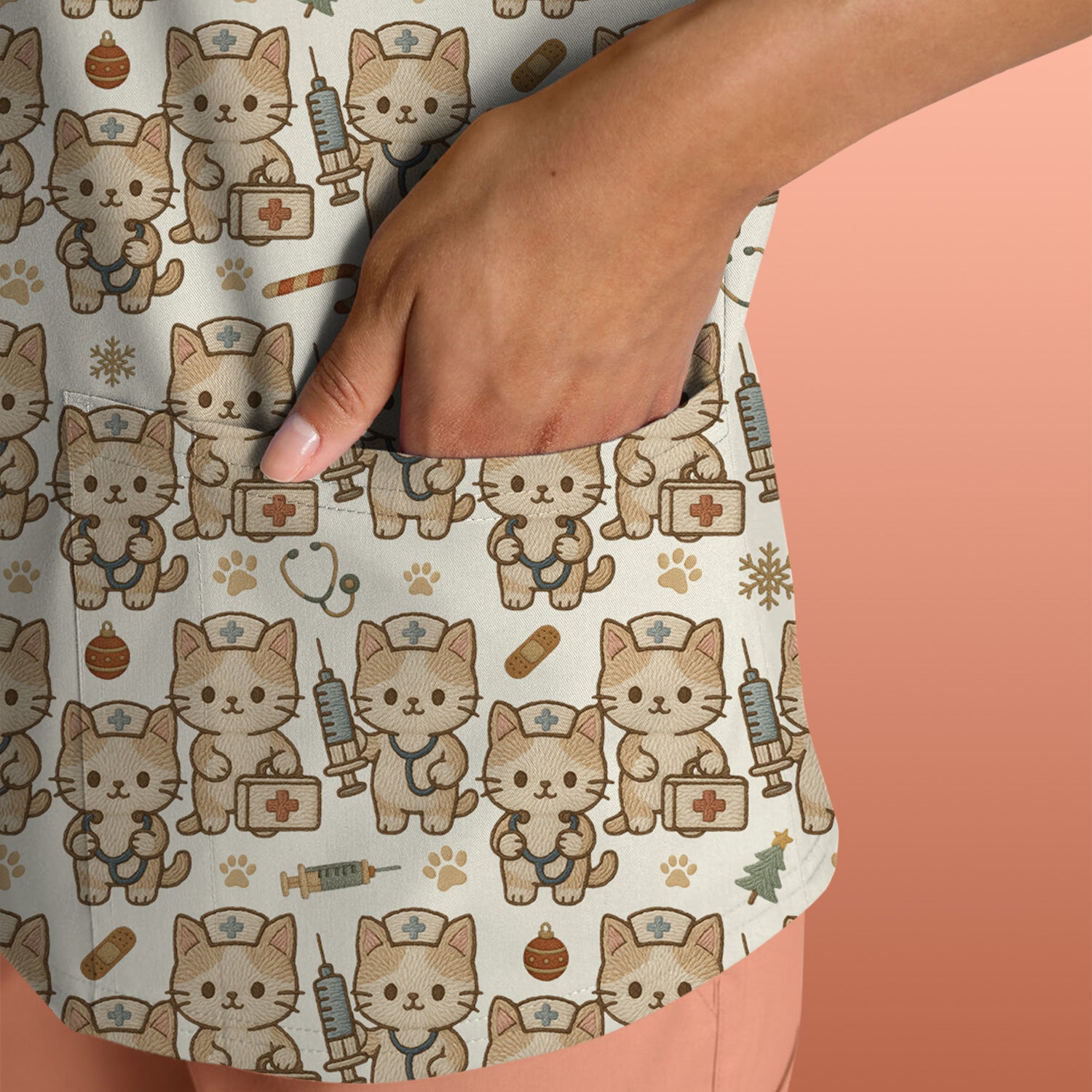 Cute Cat Nurse Christmas Scrub Top, Kawaii Kitty Medical Pattern Shirt, Breathable Fabrics Nursing Uniform