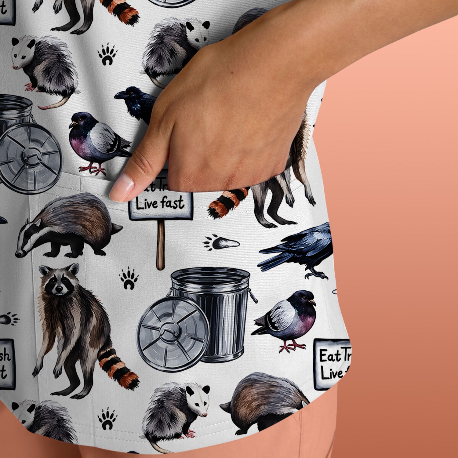 Raccoon And Opossum Eat Trash Live Fast Scrub Top, Breathable Fabrics Nursing Uniform
