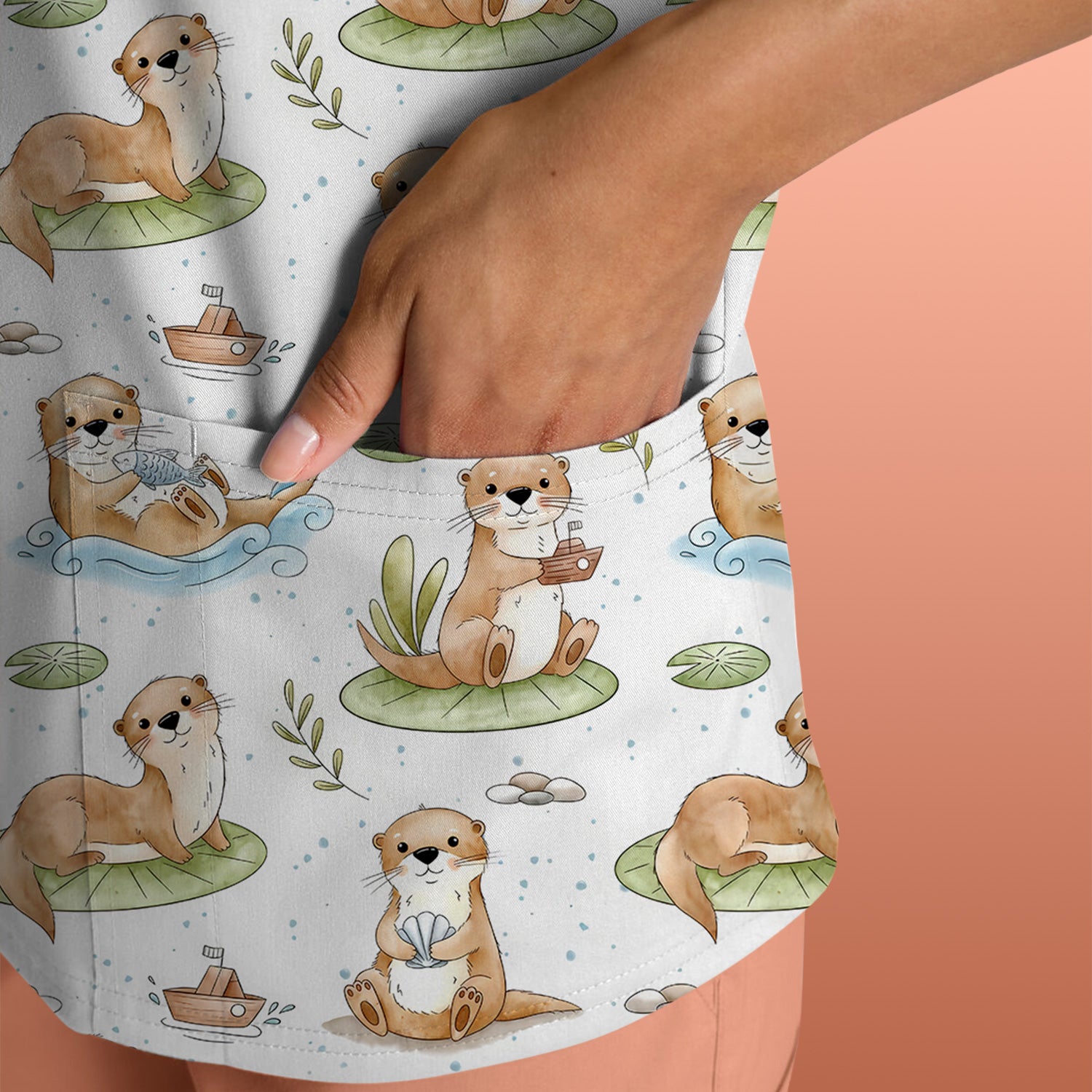 Cute Otter With Lily Pad Pattern Scrub Top, Comfortable Scrubs for Nurses