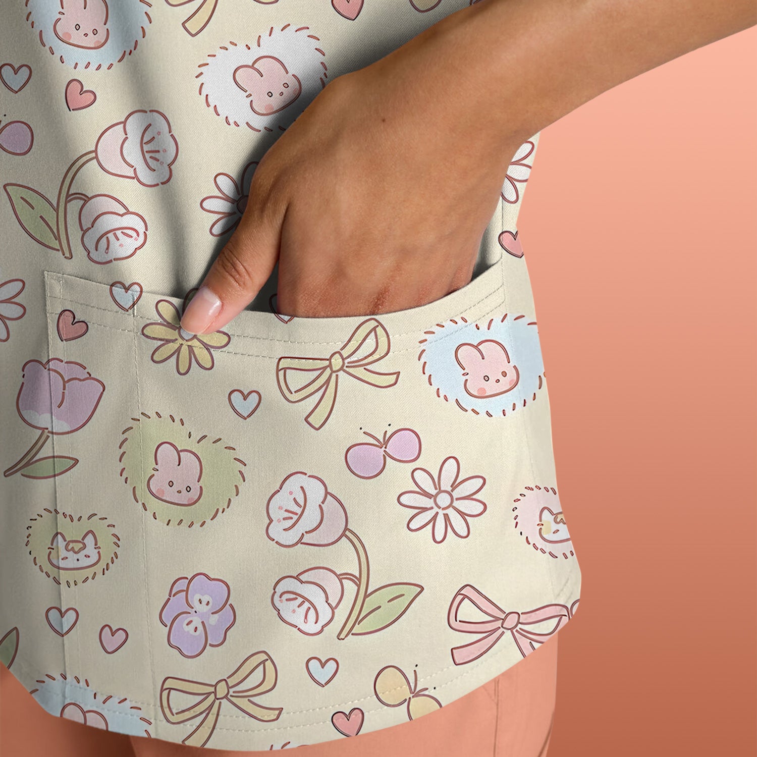 Pastel Bunny Flower Heart Pattern Nurse Scrub Top, Comfortable Scrubs for Nurses