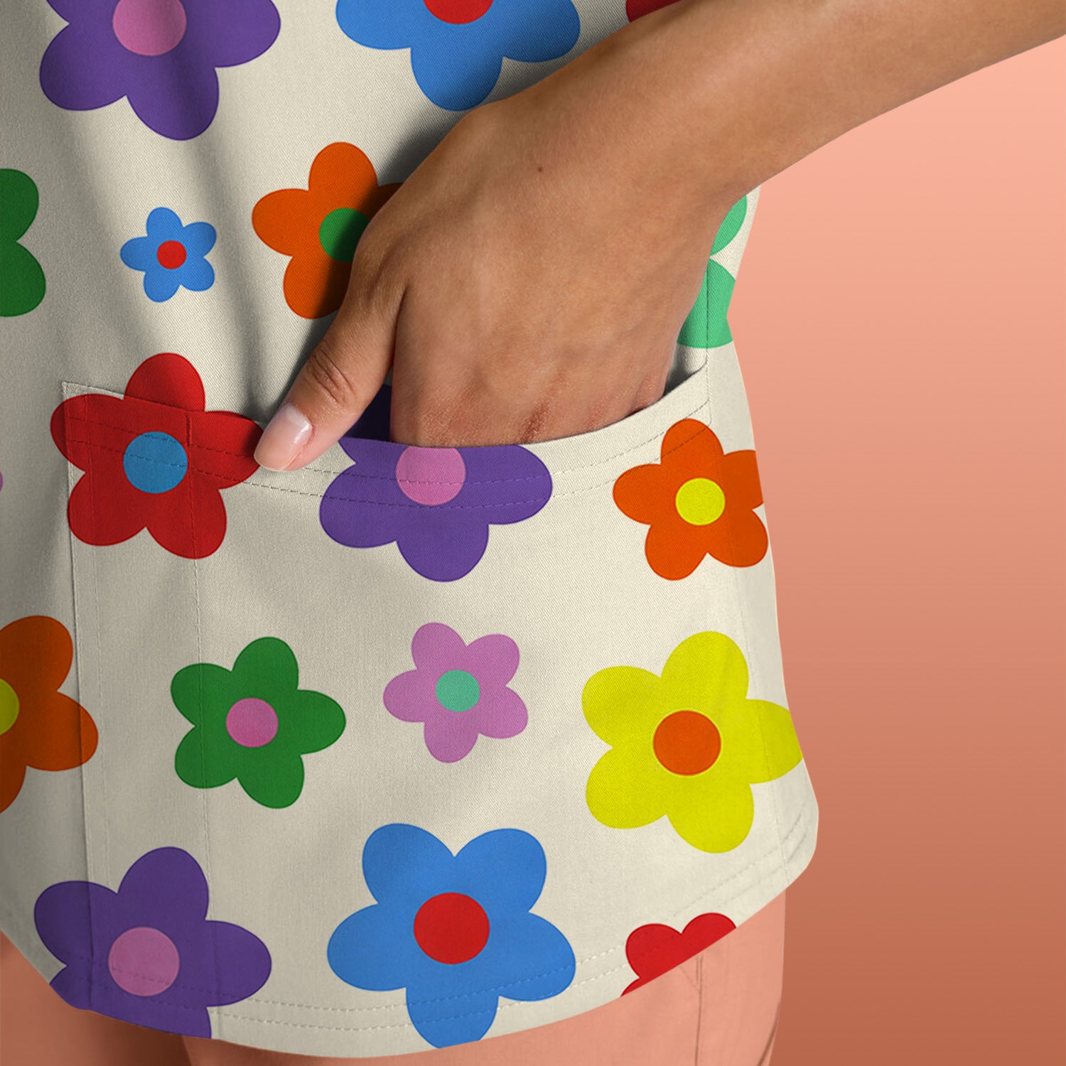 Colorful Retro Flower Pattern Print Scrub Top, Breathable Fabrics Nursing Uniform