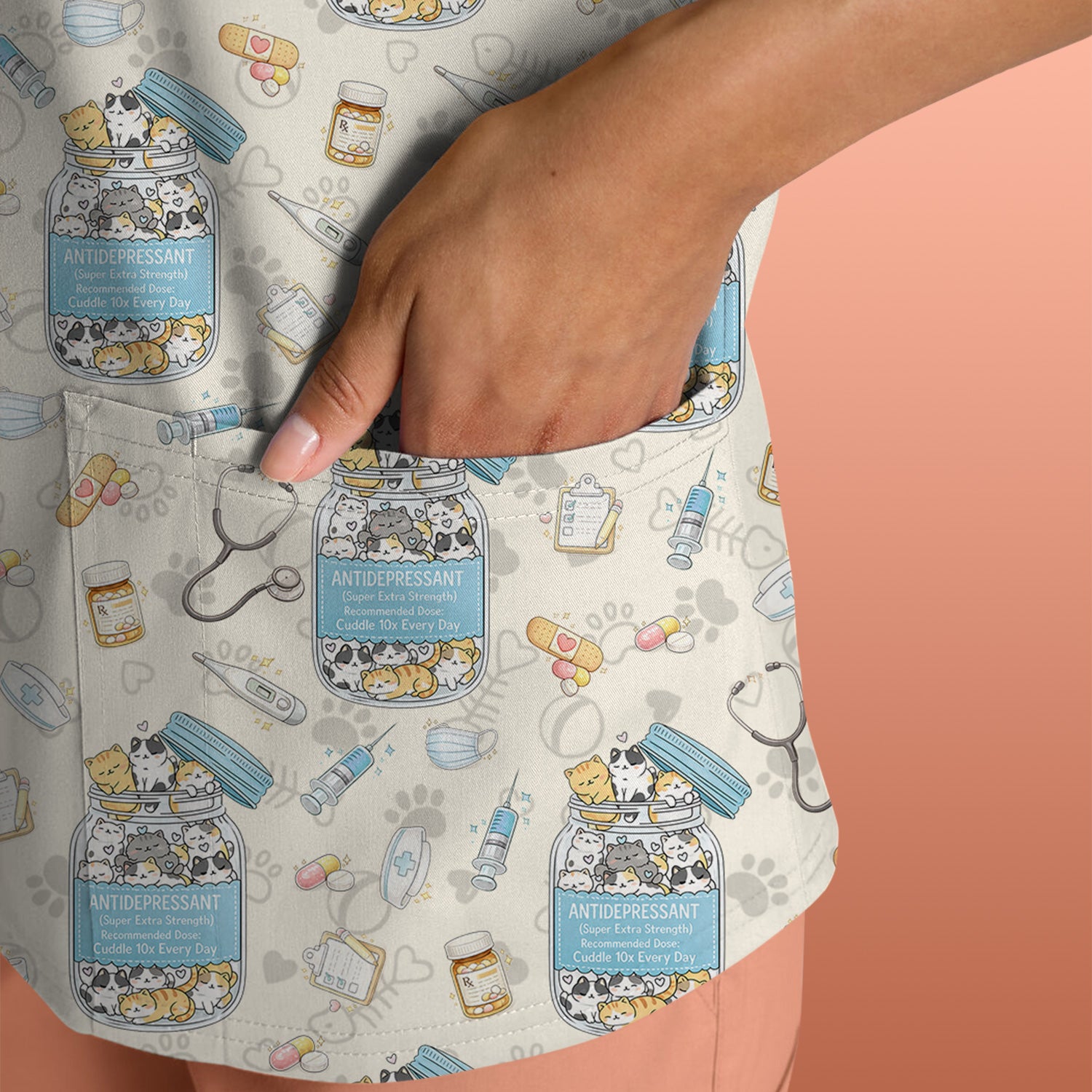 Cute Antidepressant Cat Jar Print Nurse Scrub Top, Breathable Fabrics Nursing Uniform