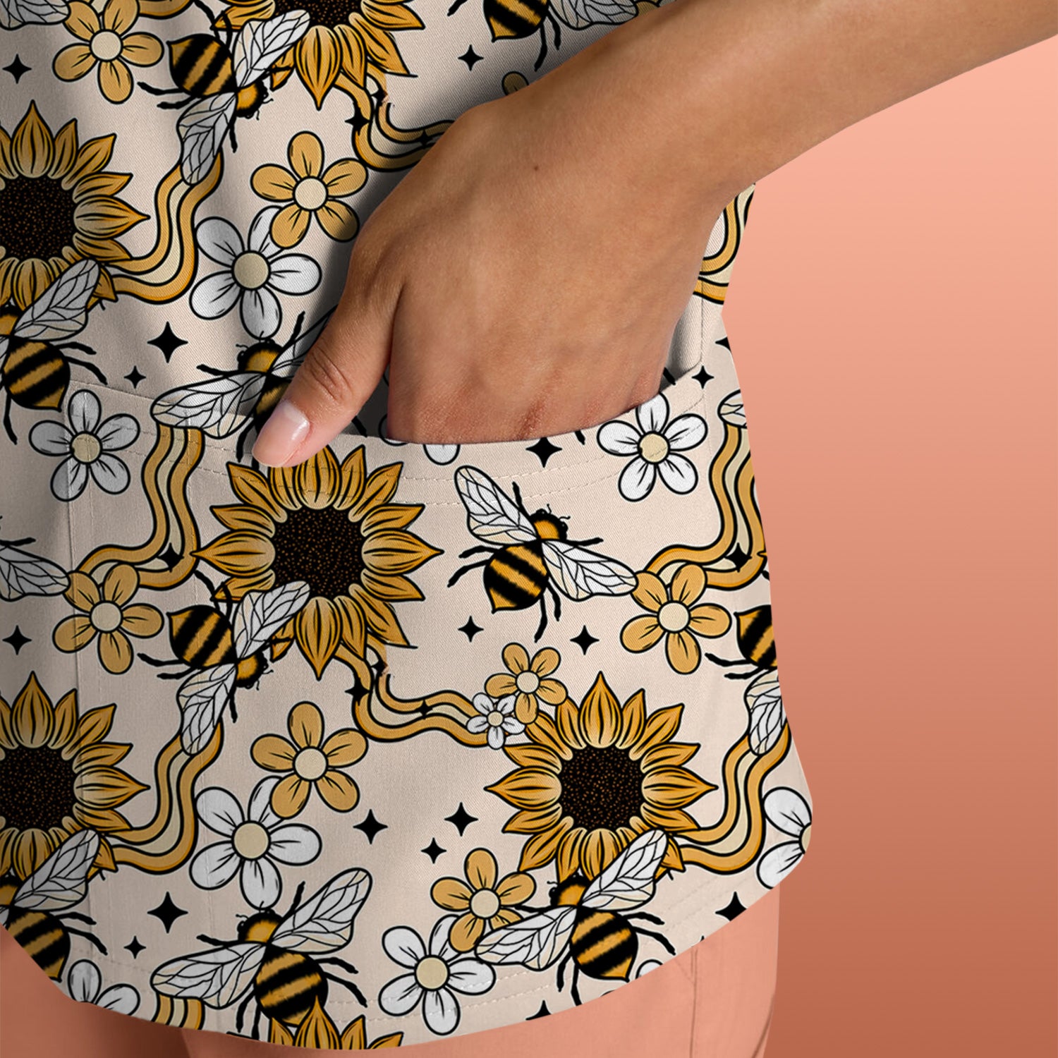 Sunflower And Honey Bee Floral Scrub Top, Breathable Fabrics Nursing Uniform