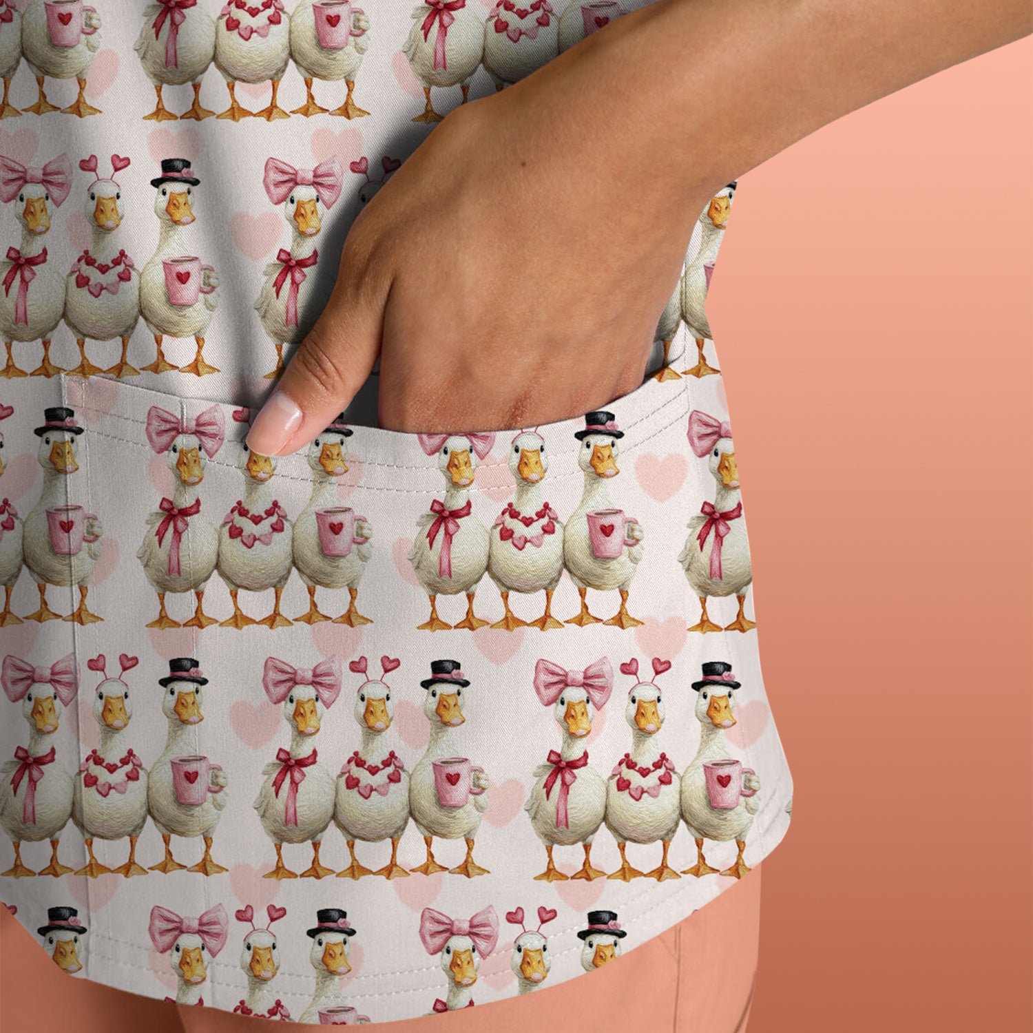 Charming Valentine Goose Heart Pink Design Scrub Top, Comfortable Scrubs for Nurses