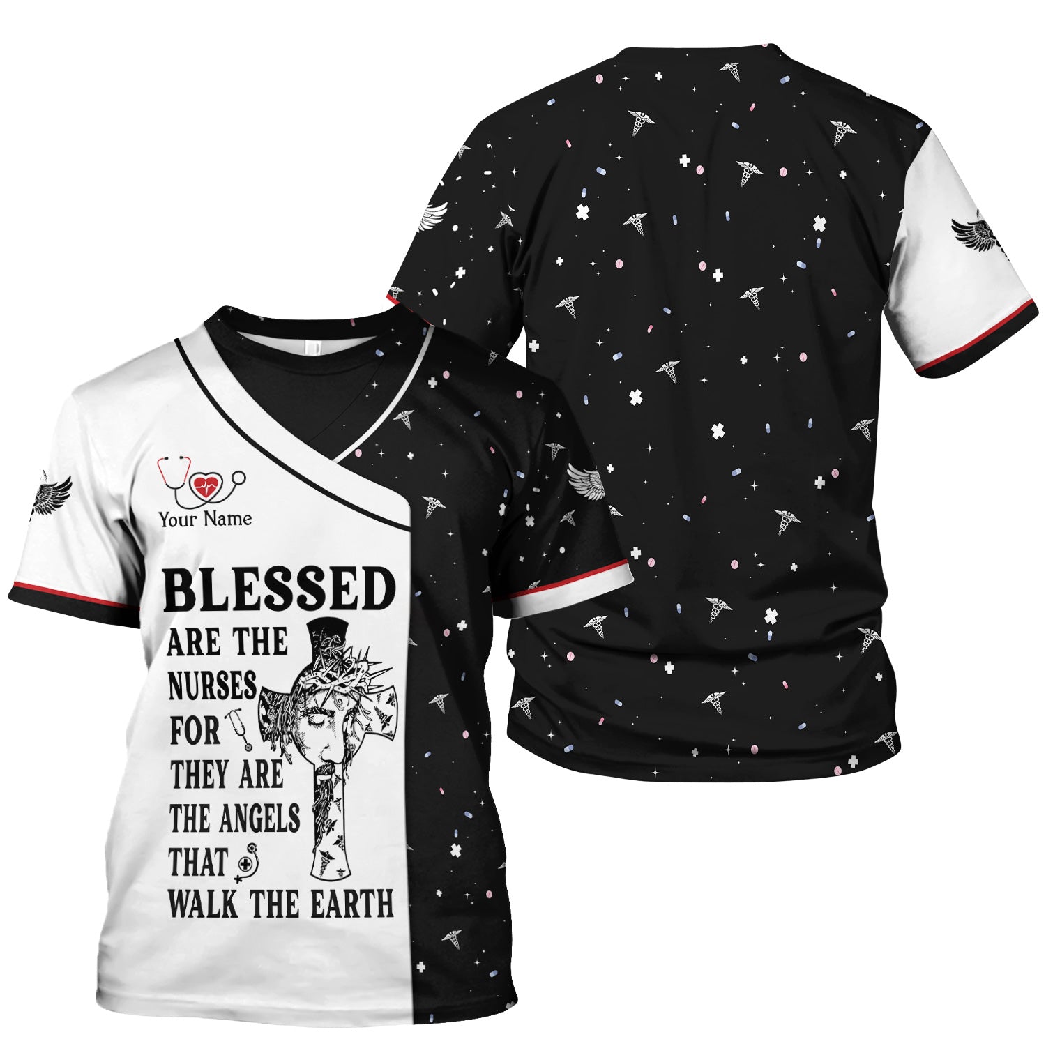 Personalized Christian Nurse Scrub Top - Jesus Cross & Angels That Walk The Earth Quote - Gift for Women RN LPN