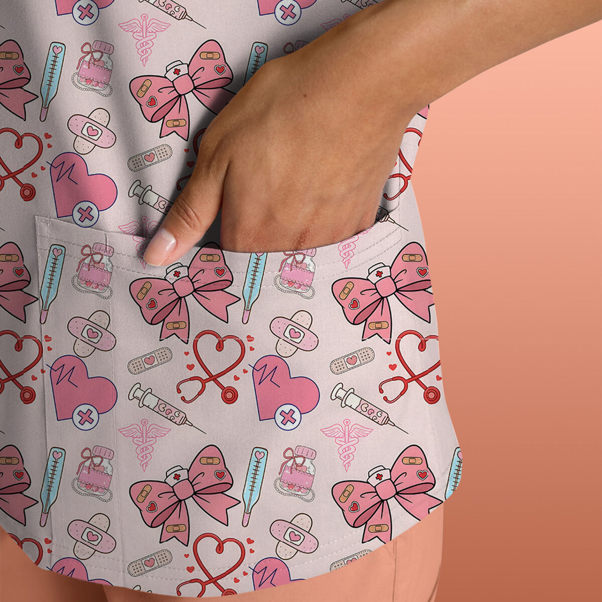 Pink Nurse Bow Heart Print Scrub Top, Comfortable Scrubs for Nurses