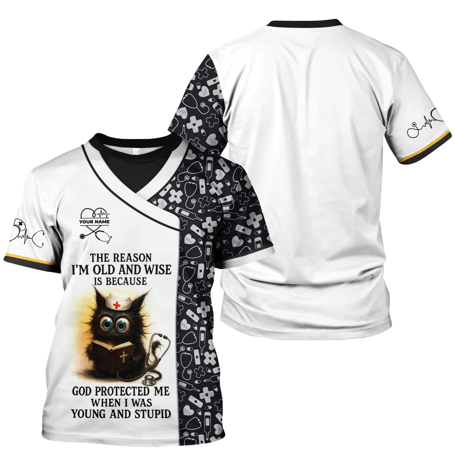 Custom Name Christian Nurse Scrub Shirt - Bible and Medical Tools Design for RN LPN CNA - Personalized Nursing Healthcare Gift