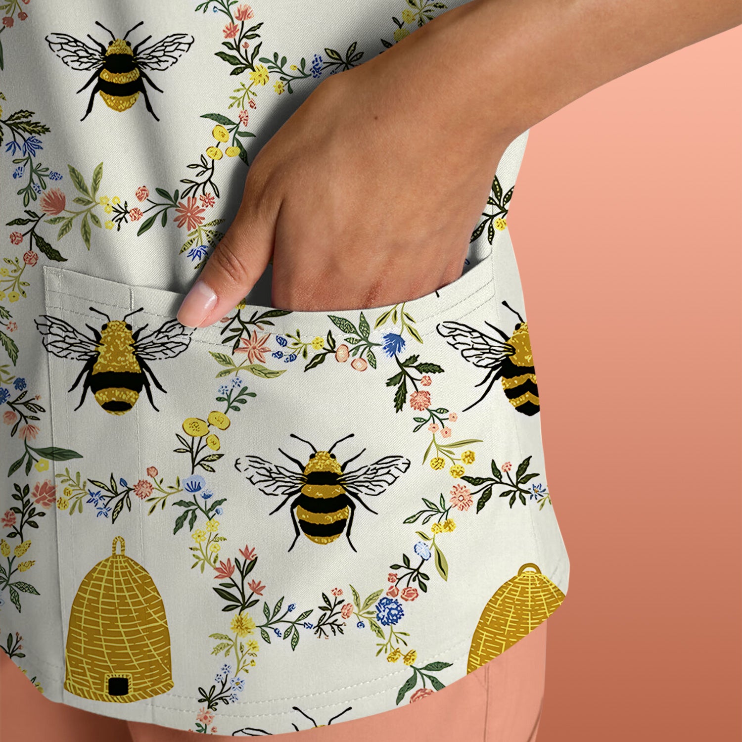 Honey Bee Beehive Floral Pattern Scrub Top, Comfortable Scrubs for Nurses