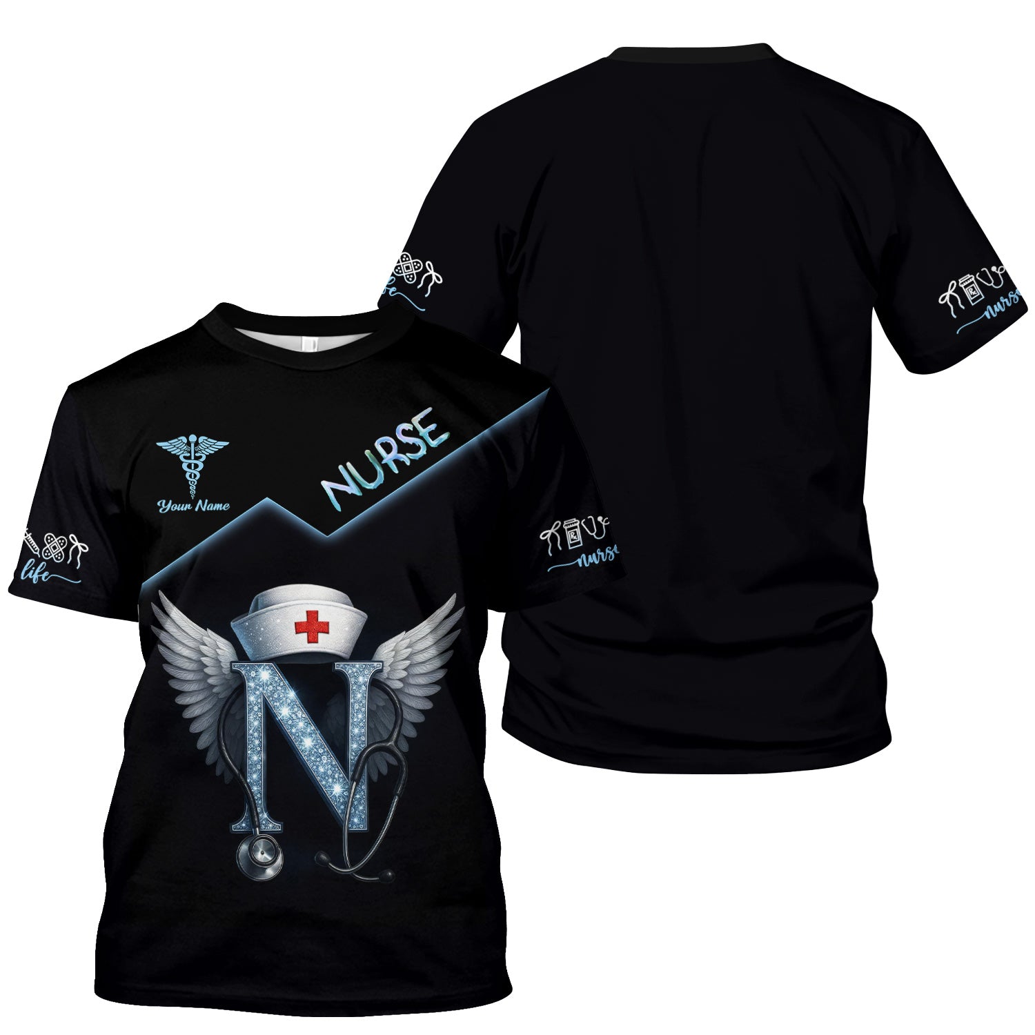 Funny Nurse T-shirt with Glowing 'N' Design - Customizable with Stethoscope & Wings Design - Perfect for RN, CNA, LPN, Healthcare Professionals