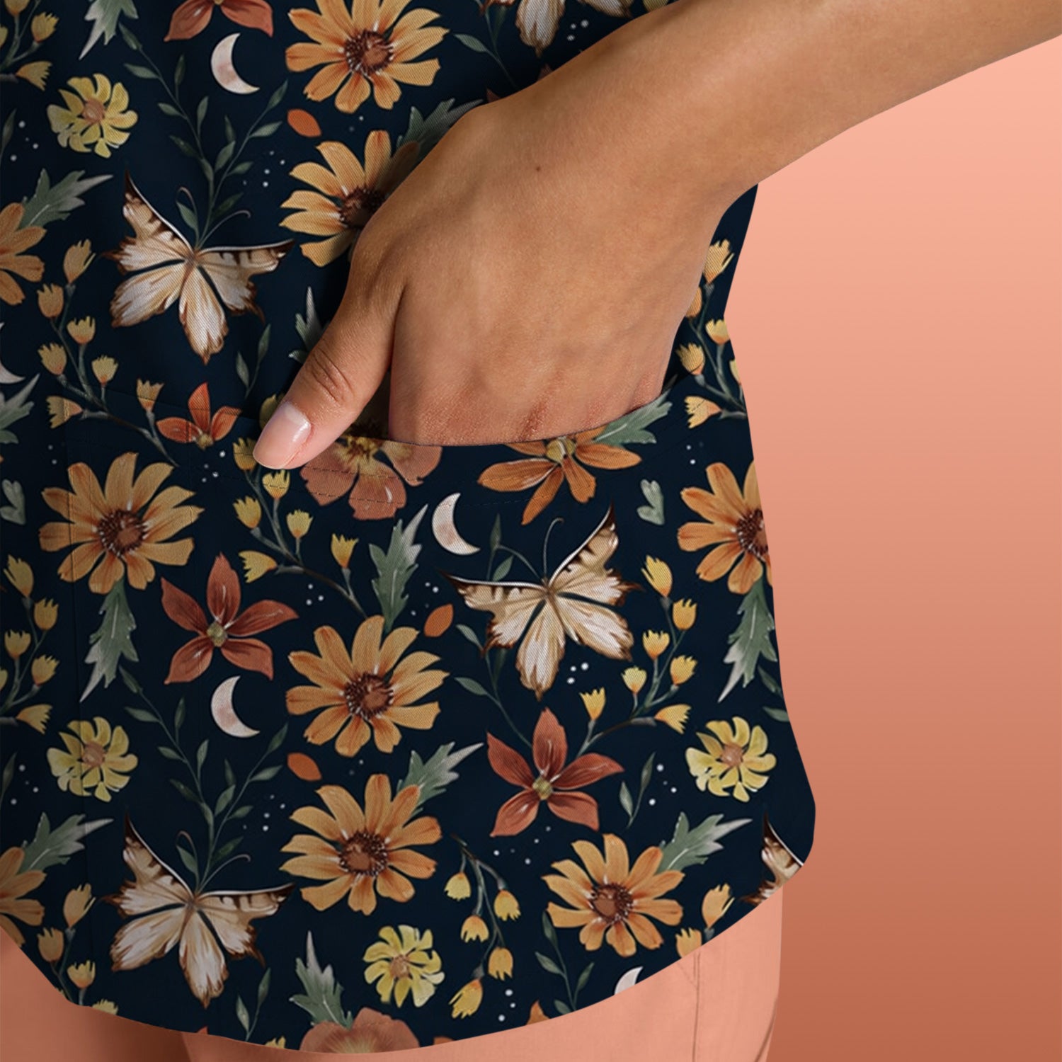 Charming Autumn Floral Butterfly Moon Pattern Scrub Top, Breathable Fabrics Nursing Uniform