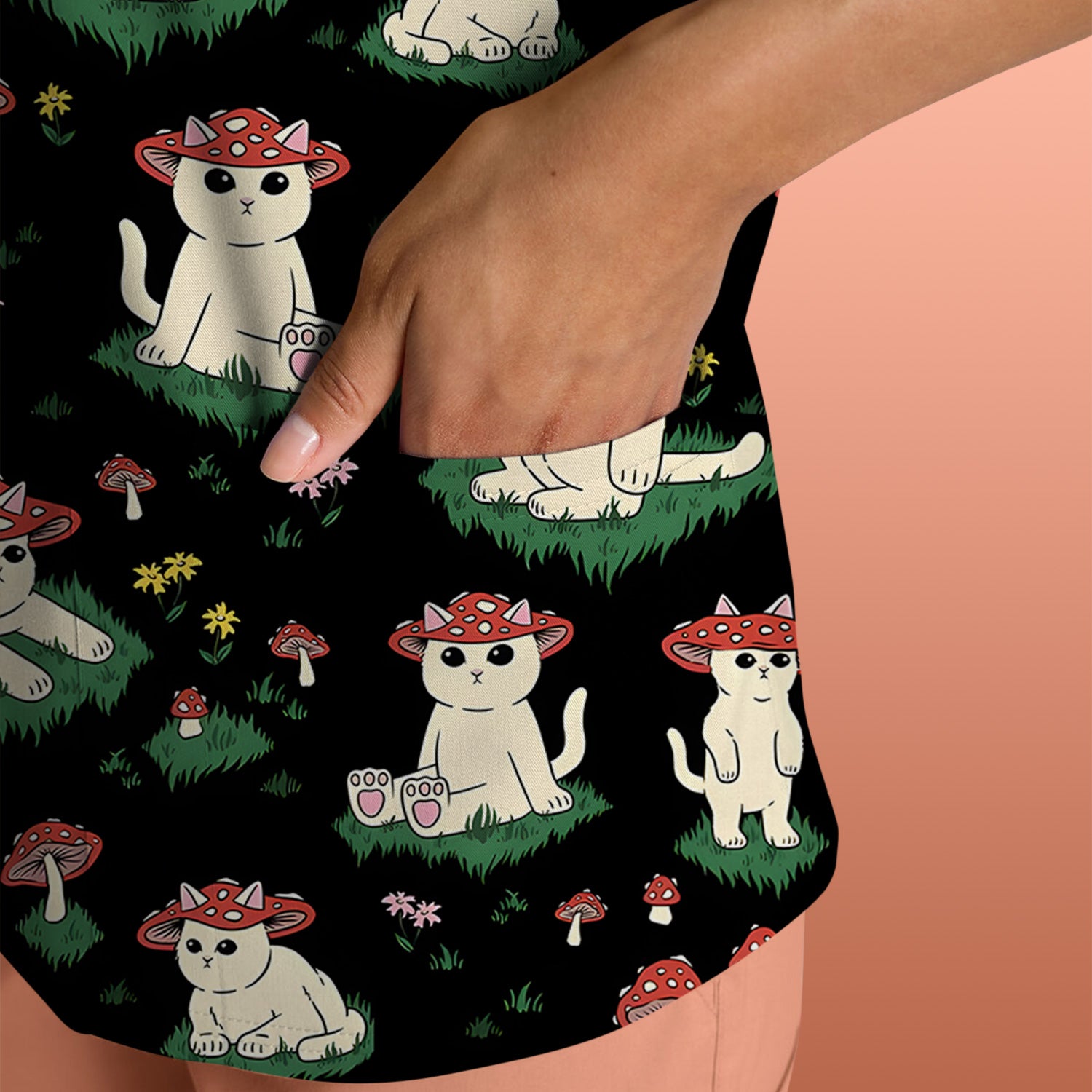 Cute Mushroom Cat Pattern Scrub Top, Comfortable Scrubs for Nurses