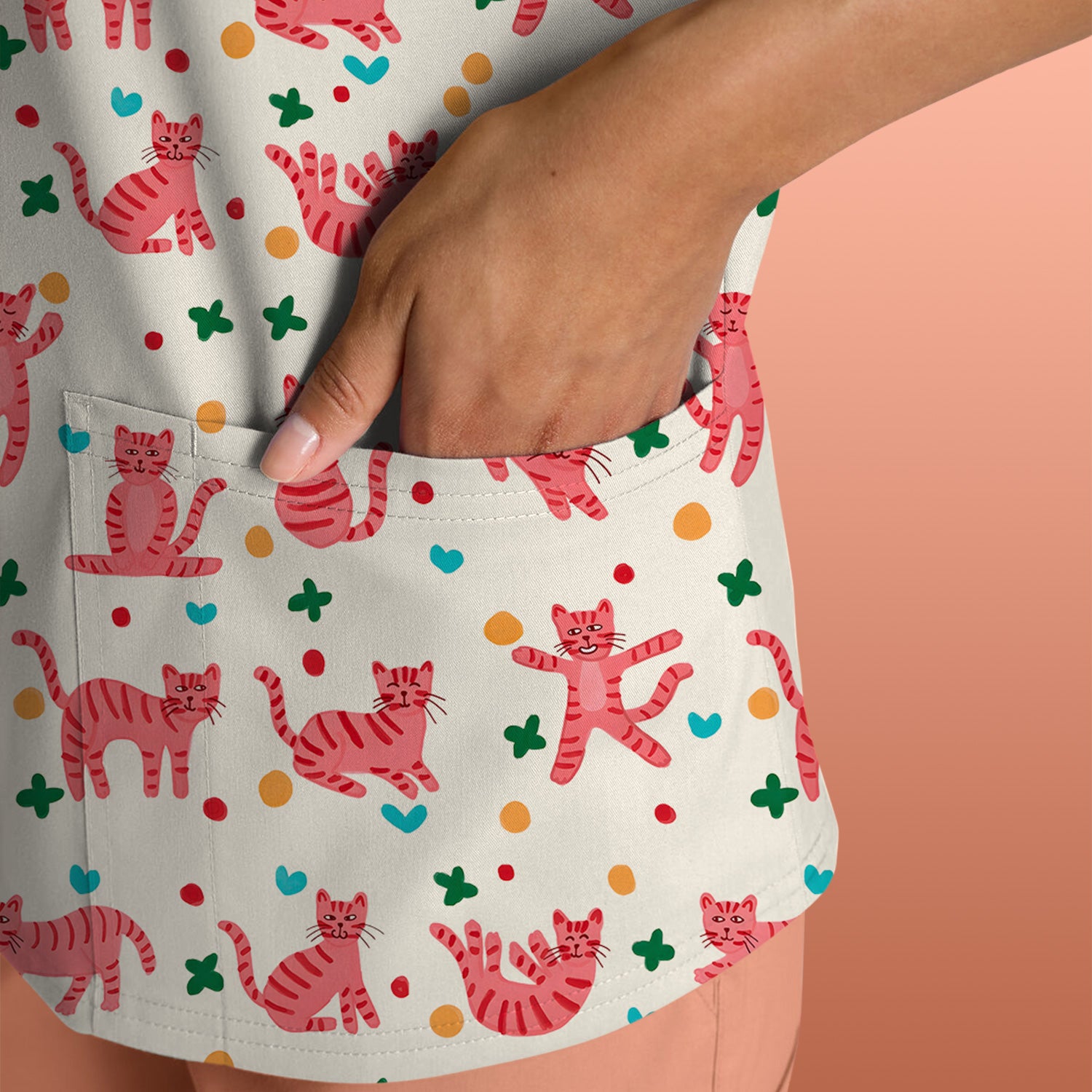 Cute Pink Cat Pattern Scrub Top, Comfortable Scrubs for Nurses