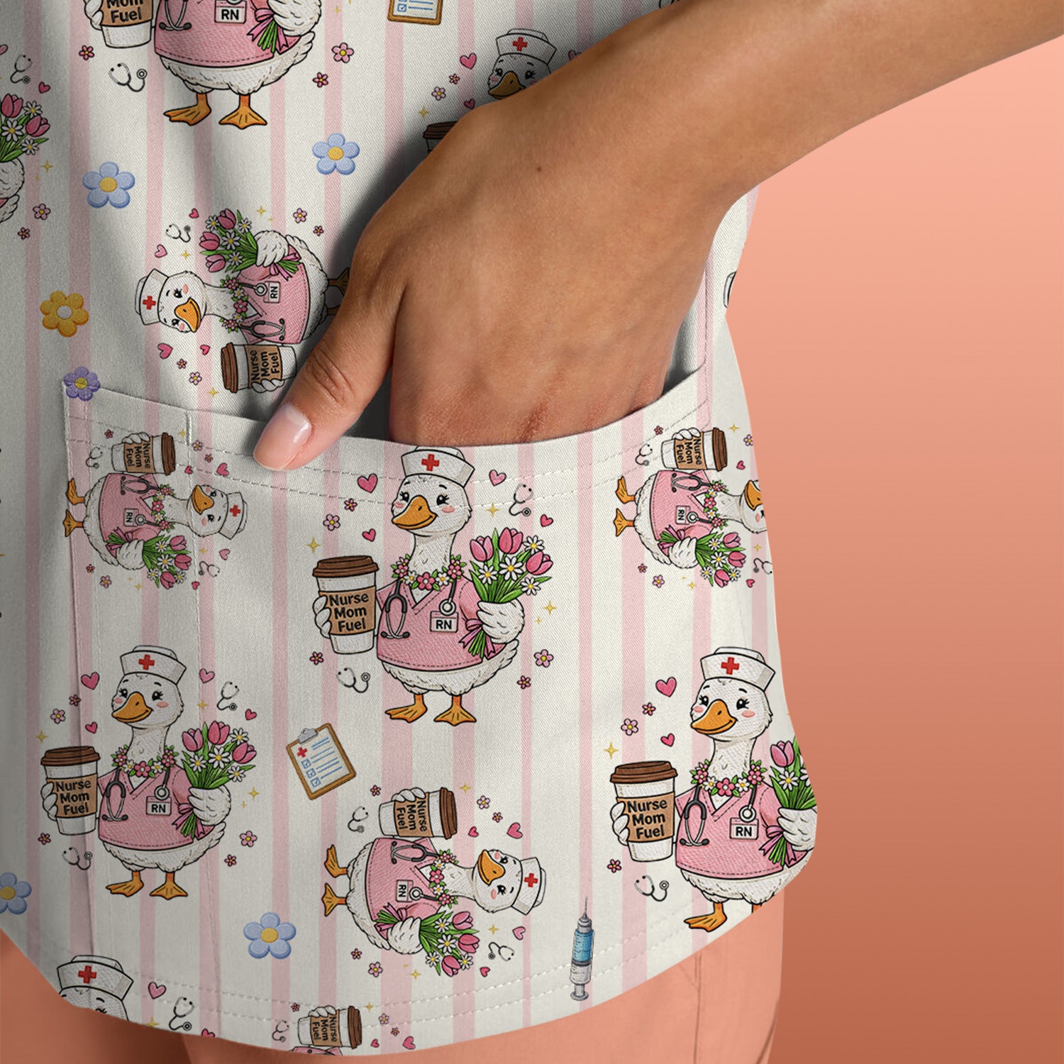 Cartoon Nurse Goose Pattern Scrub Top, Comfortable Scrubs for Nurses