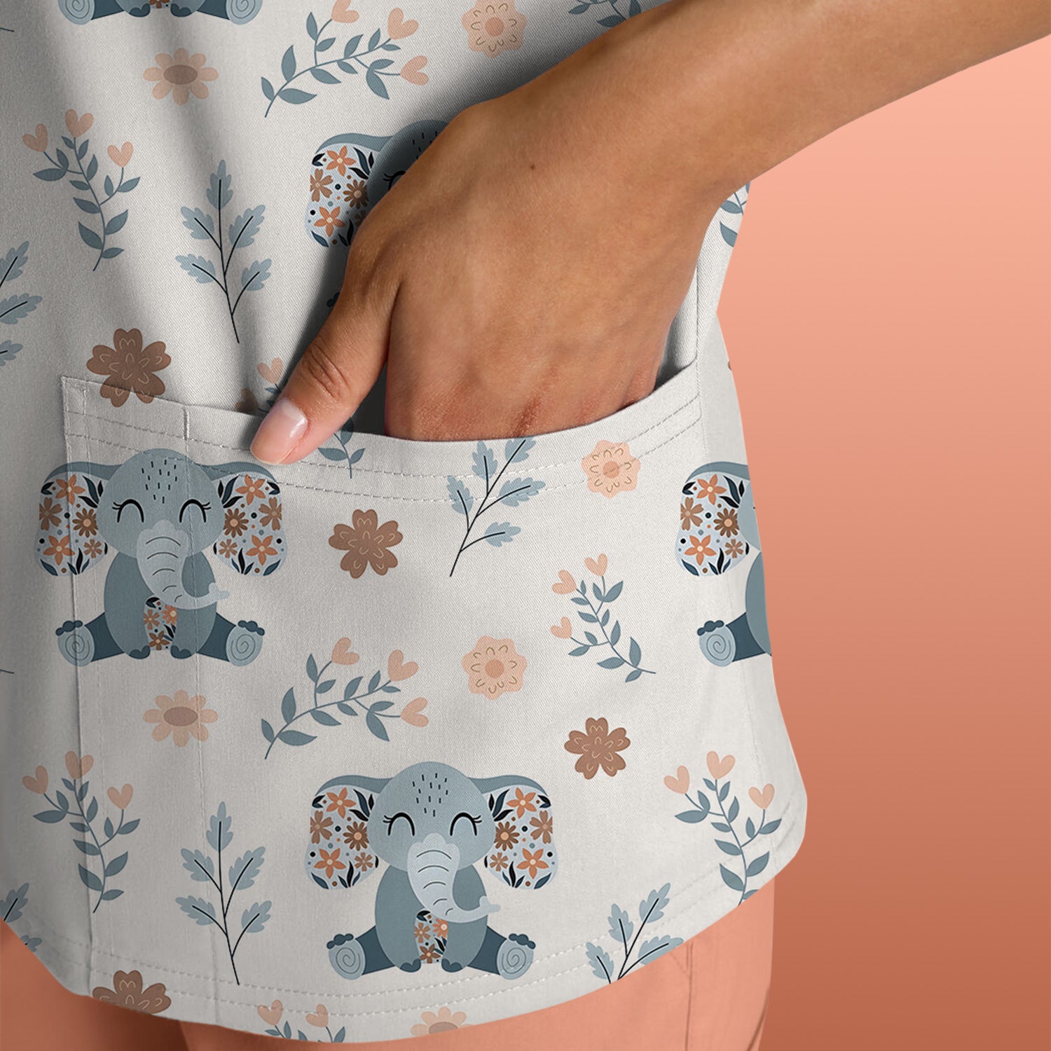 Cute Elephant Floral Print Scrub Top, Comfortable Scrubs for Nurses