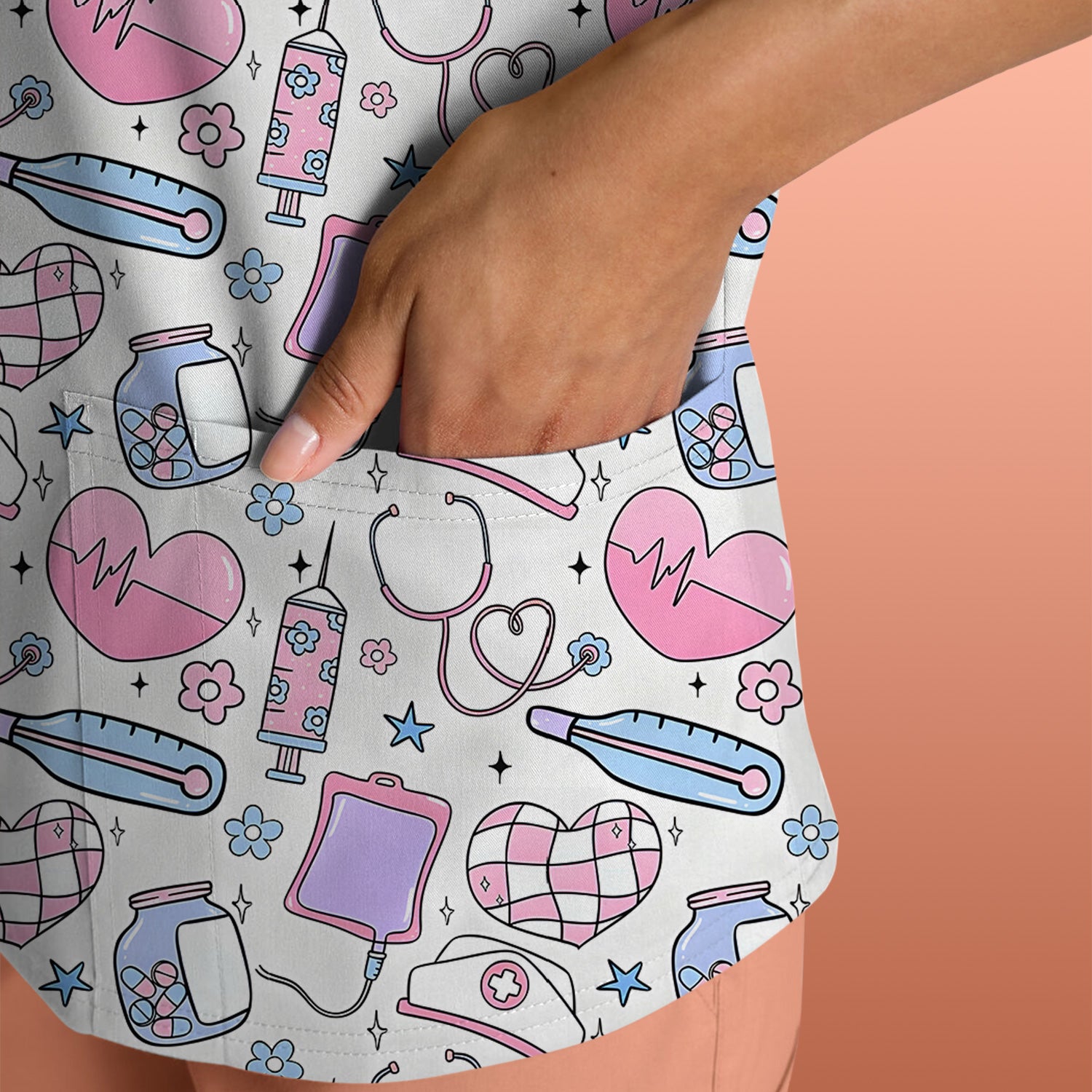 Cute Pastel Medical Icons Pattern Scrub Top, Comfortable Scrubs for Nurses