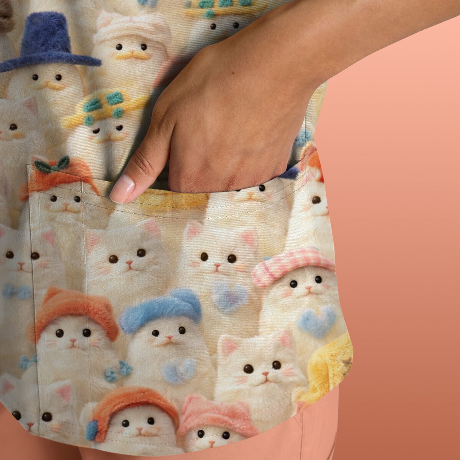 Adorable Cats Wearing Colorful Hats Pattern Scrubs Top, Comfortable Scrubs for Nurses