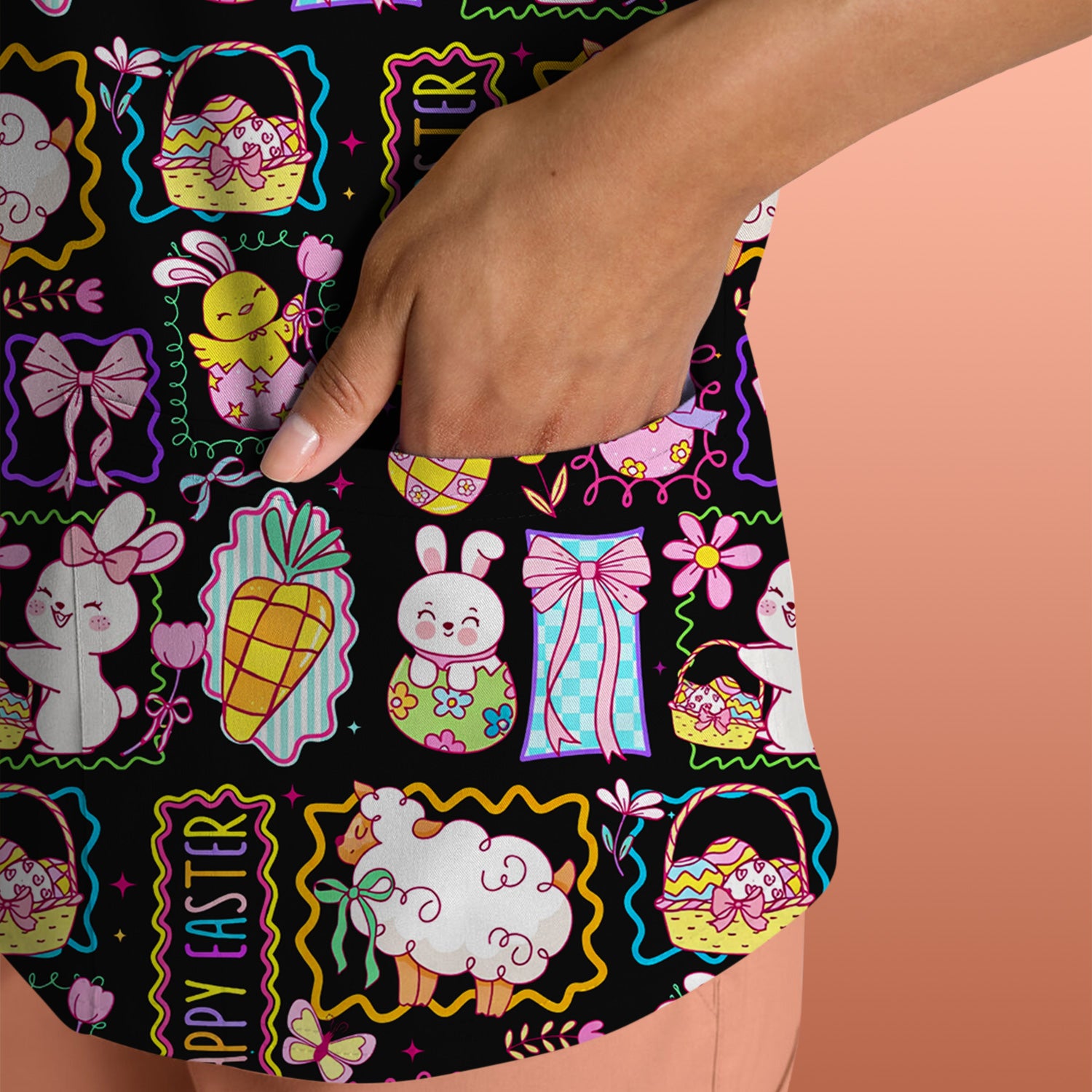 Cute Easter Bunny Egg and Bow Print Scrub Top, Breathable Fabrics Nursing Uniform