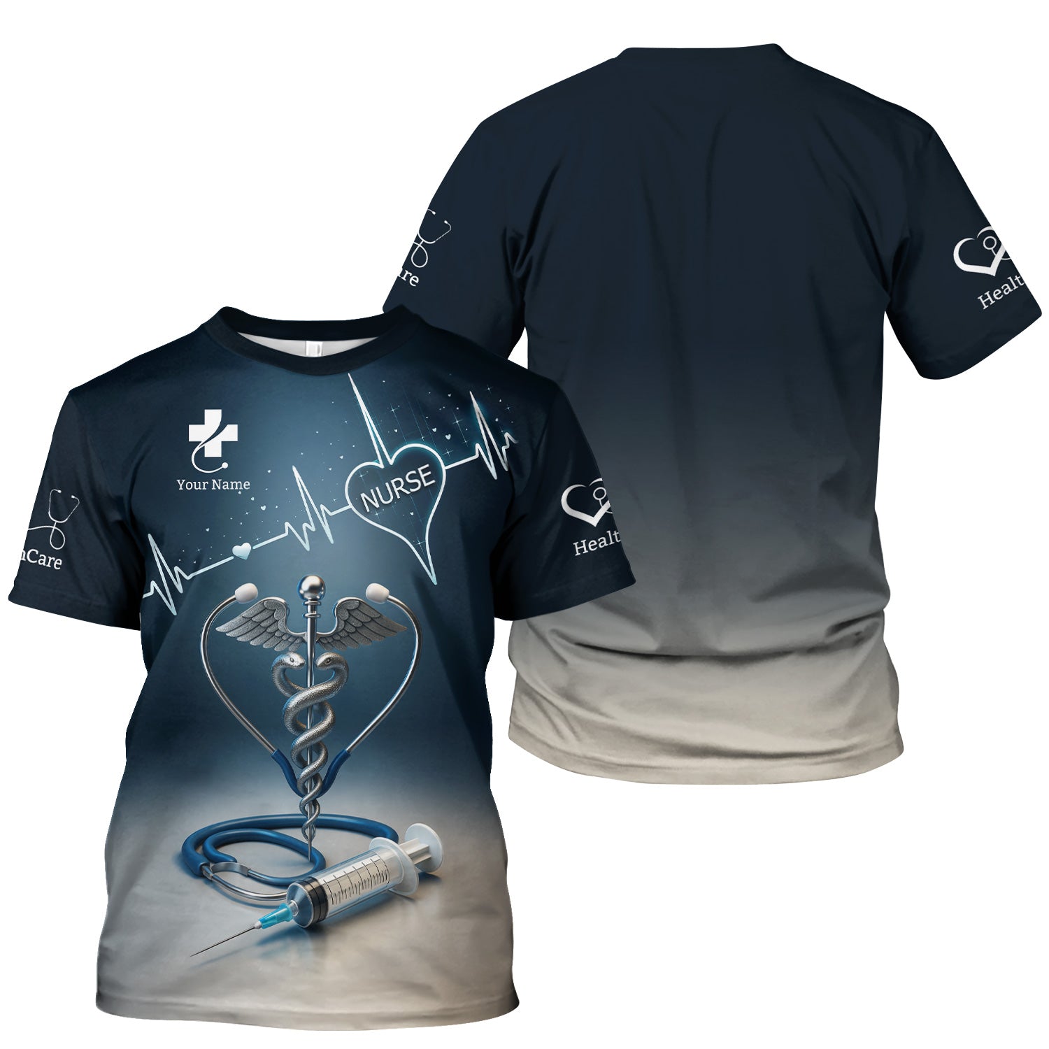 Personalized Nurse Scrubs with Caduceus Heartbeat Syringe - Custom Name Medical Apparel for RN CNA LPN - Gift for Healthcare Workers