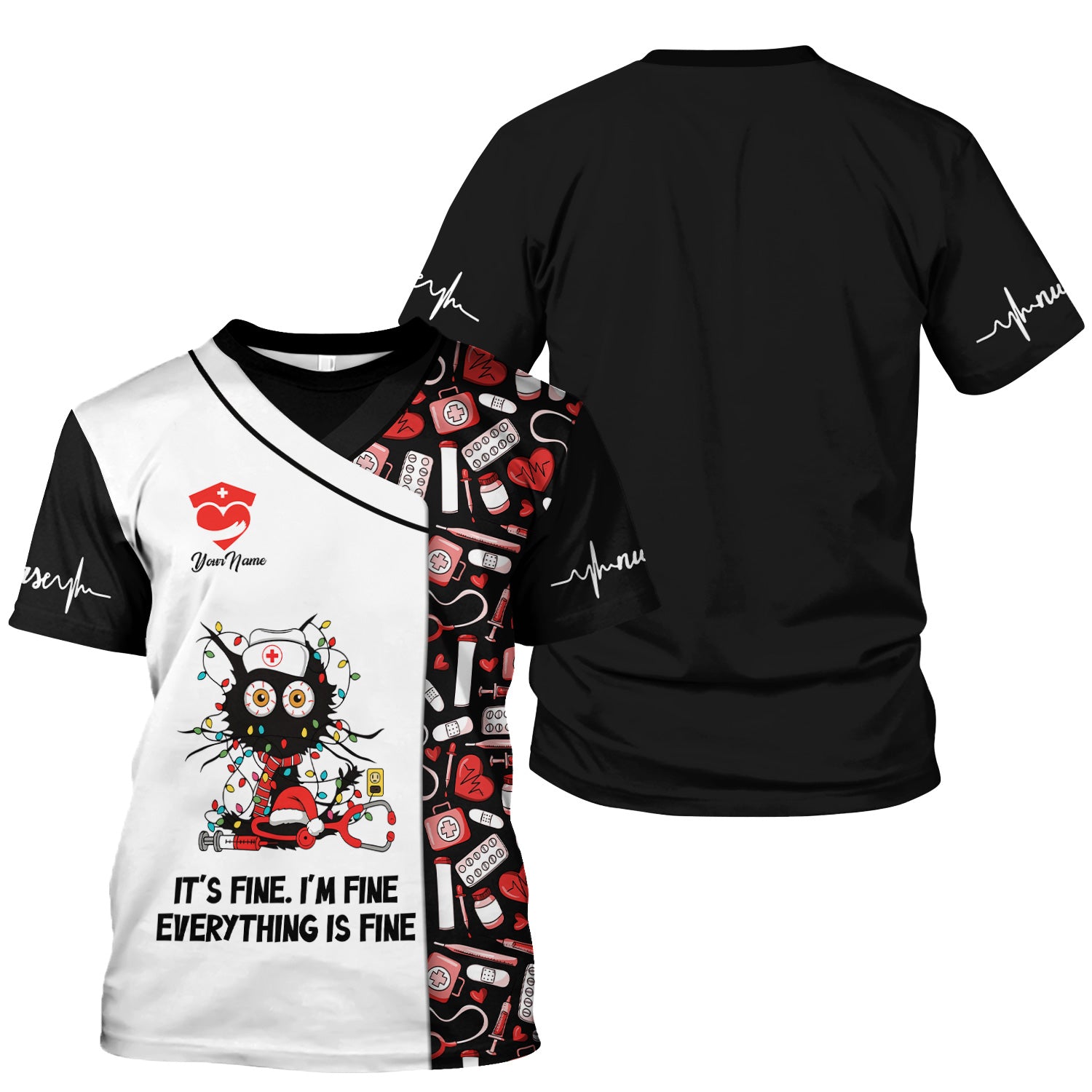 Custom Funny Nurse Christmas Scrub Top - Everything Is Fine Sarcastic Black Cat Design - Holiday Gift for Women RN LPN ER