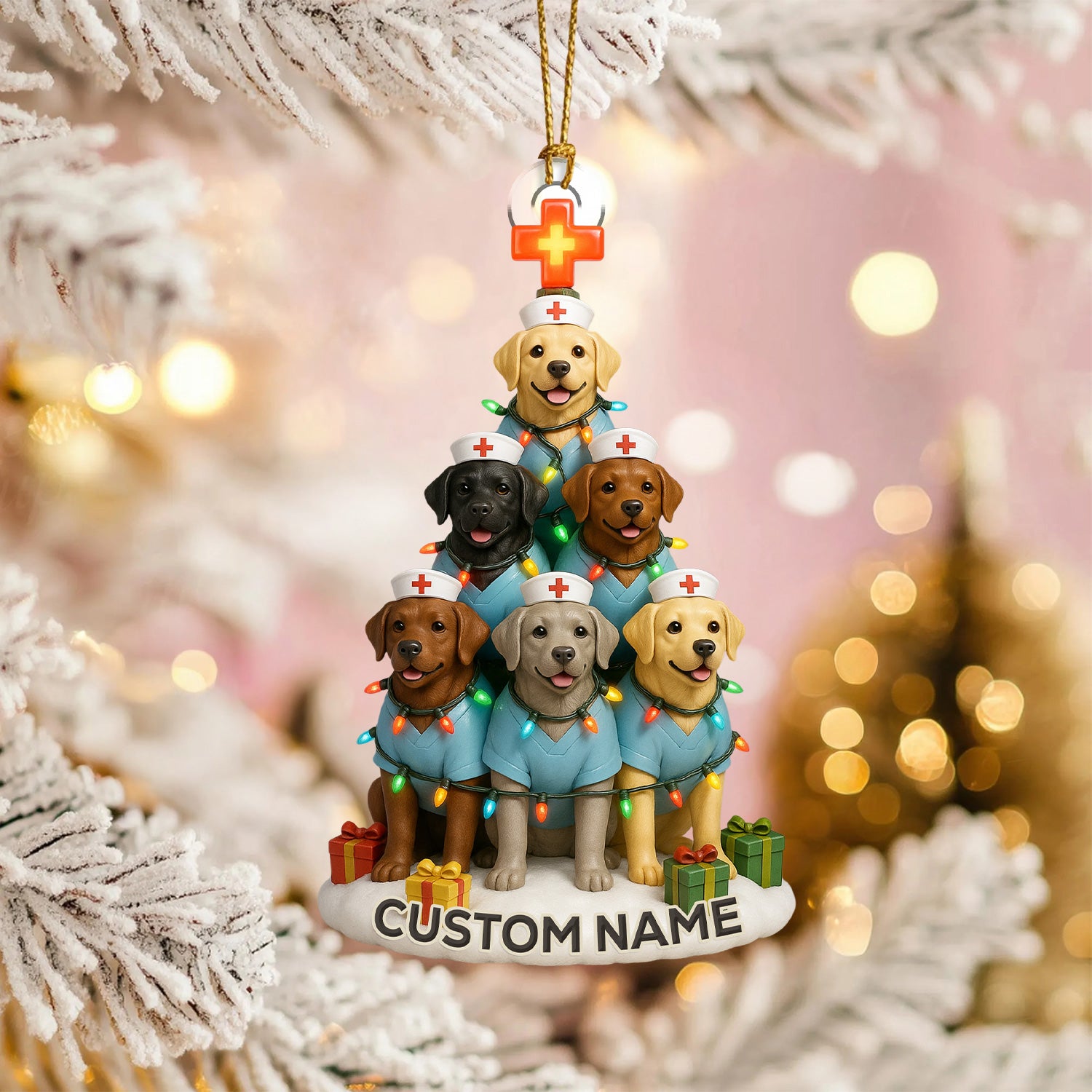 Personalized Nurse Dogs Christmas Tree Ornament – Custom Name Labrador Puppy Stack Holiday Decor – Cute Medical Dog Ornament for Nurses, Vets & Pet Lovers