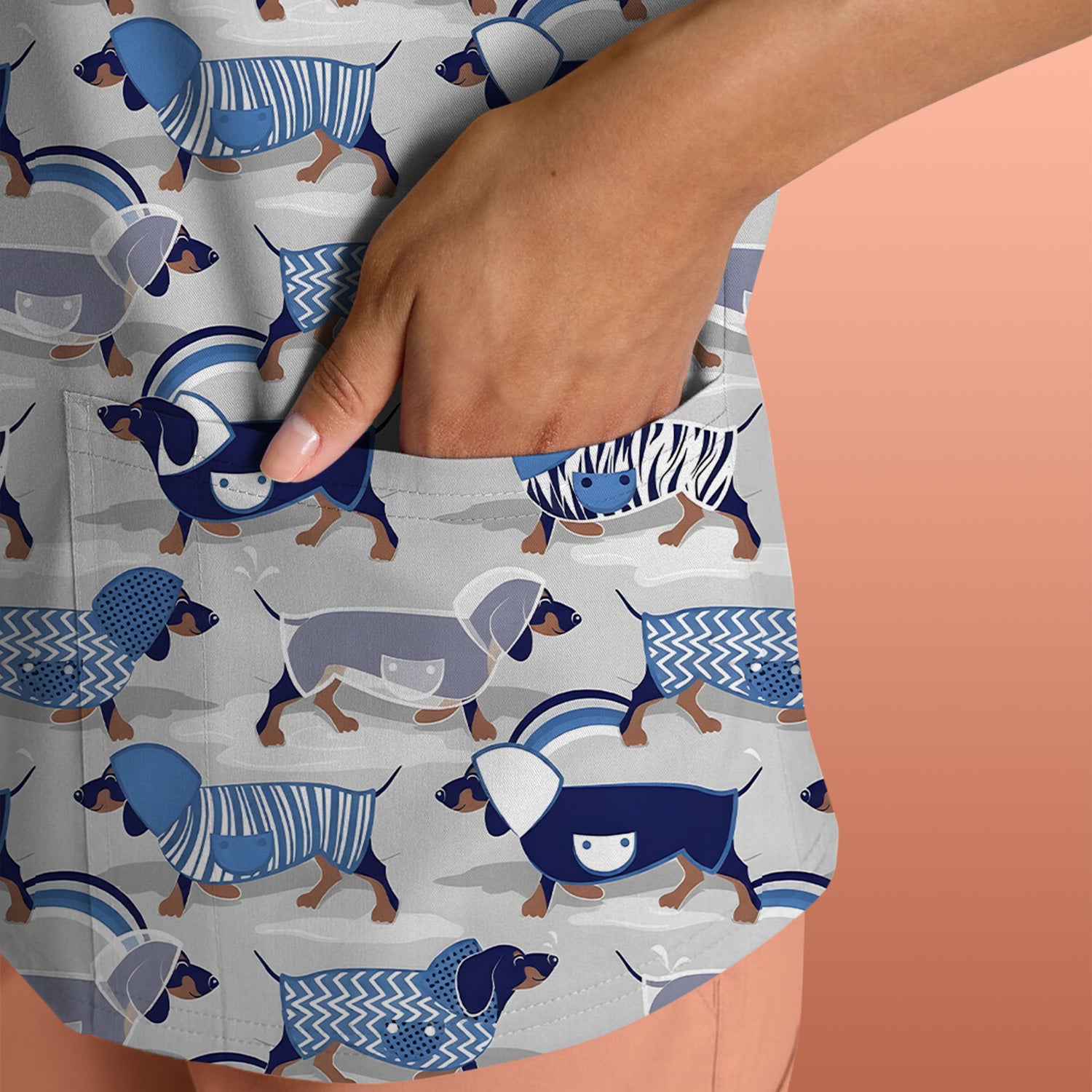 Cute Dachshund Raincoat Parade Pattern Scrub Top, Comfortable Scrubs for Nurses