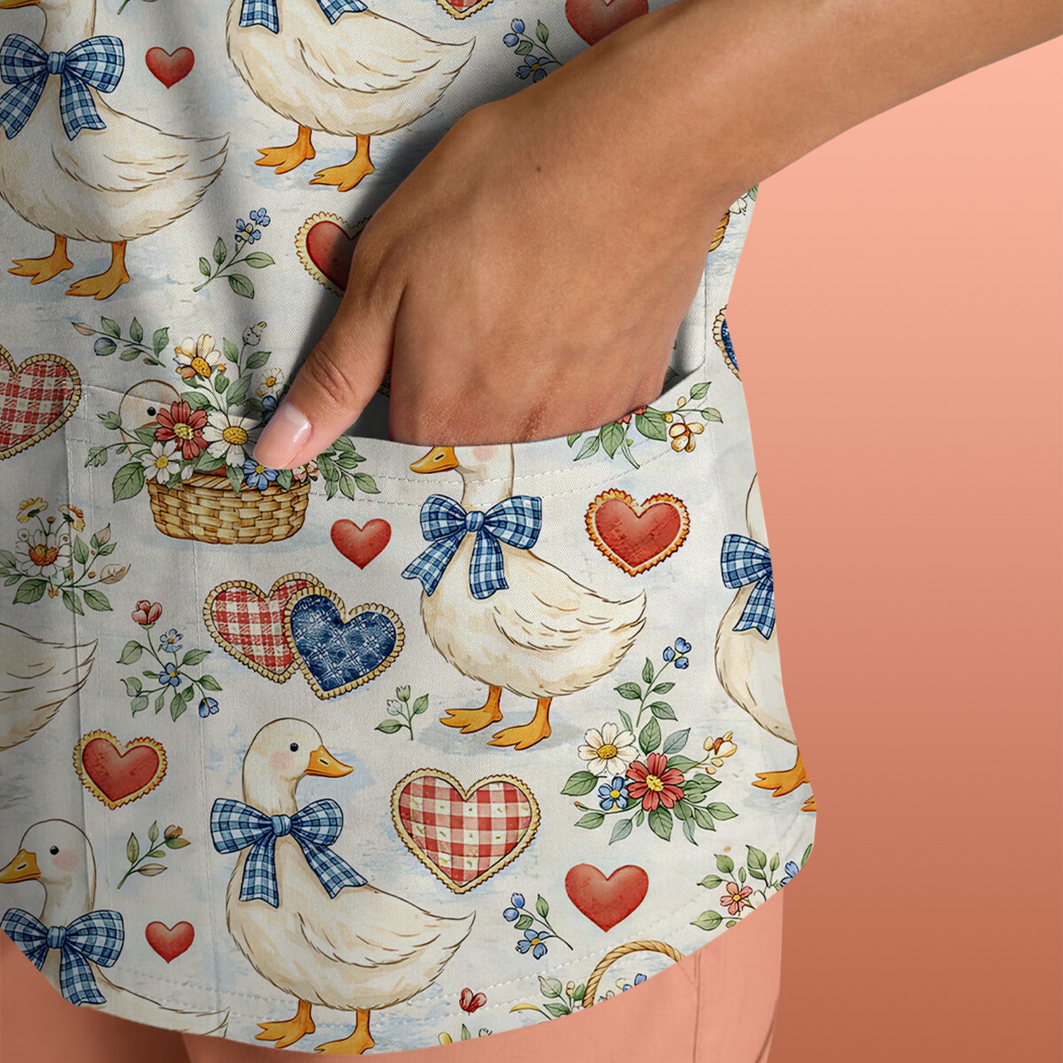 Cute Duck Heart Floral Nurse Pattern Scrub Top, Comfortable Scrubs for Nurses