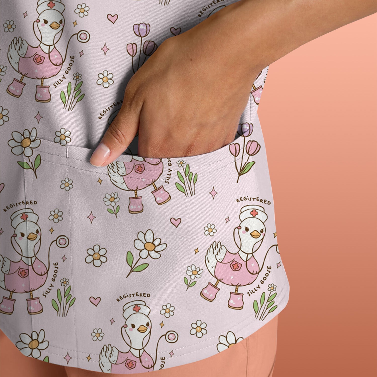Funny Nurse Goose Daisy Print Scrub Top, Breathable Fabrics Nursing Uniform