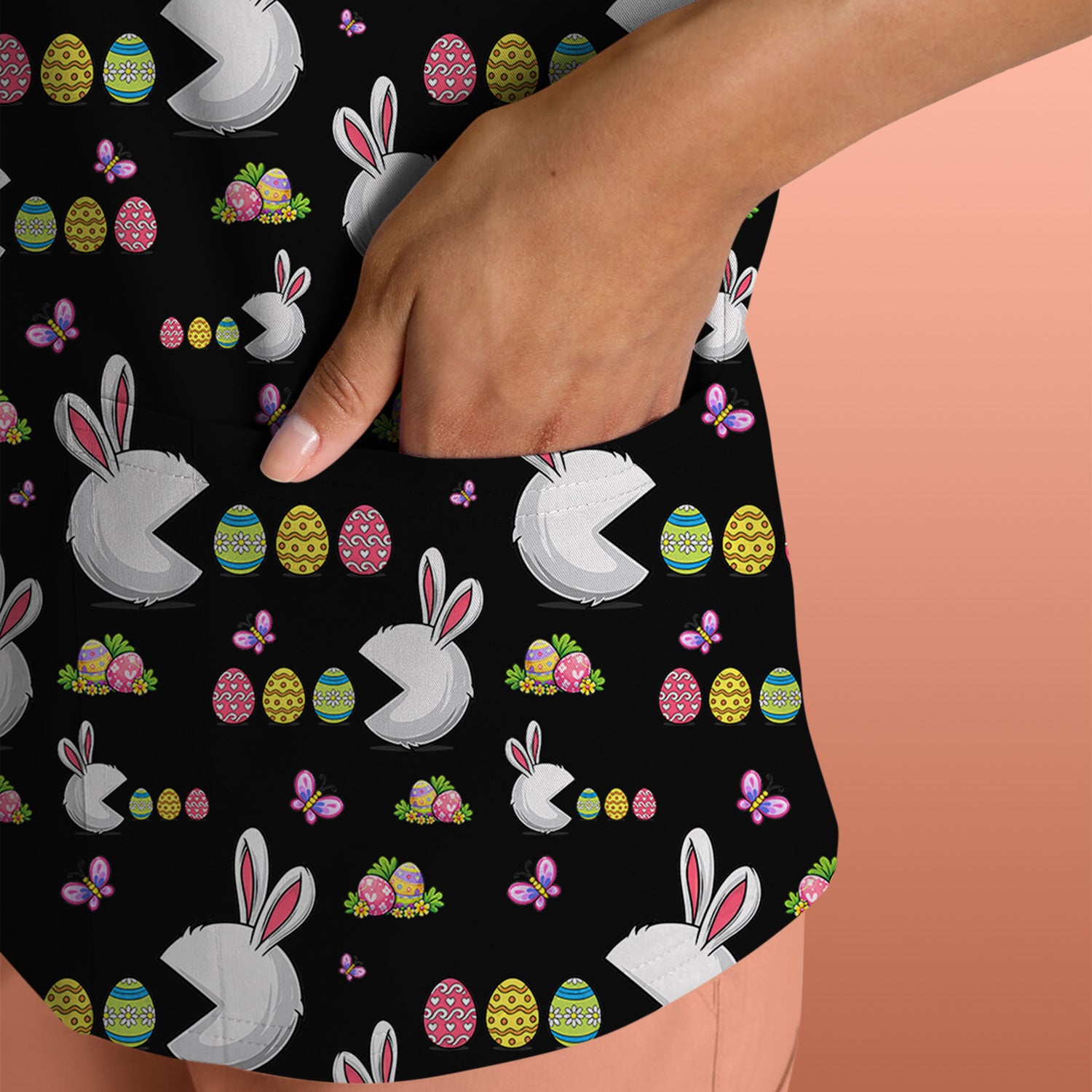 Easter Bunny and Colorful Eggs Print Scrub Top, Breathable Fabrics Nursing Uniform
