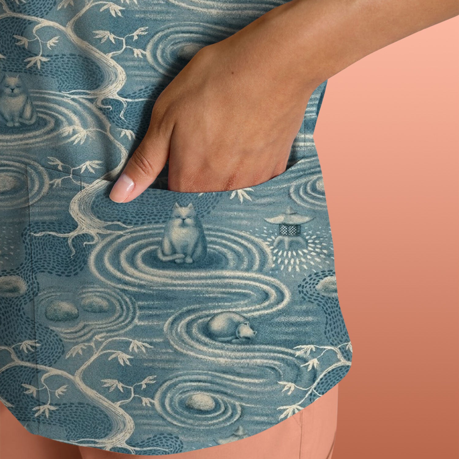 Zen Cat Water Garden Pattern  Scrub Top, Breathable Fabrics Nursing Uniform
