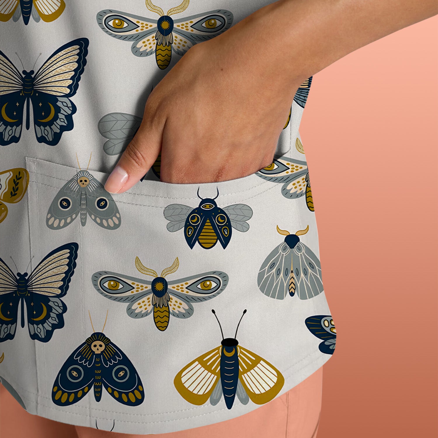 Cute Butterfly Moth Insect Pattern Scrub Top, Comfortable Scrubs for Nurses