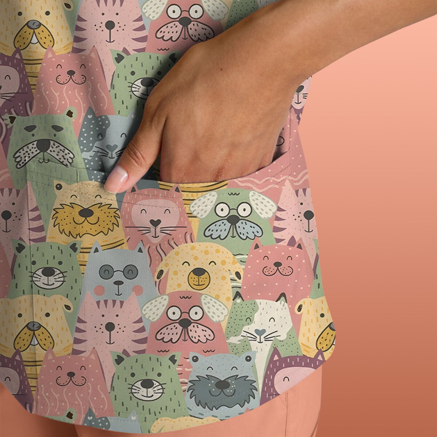 Cartoon Cat & Dog Faces Pattern Scrub Top, Comfortable Scrubs for Nurses