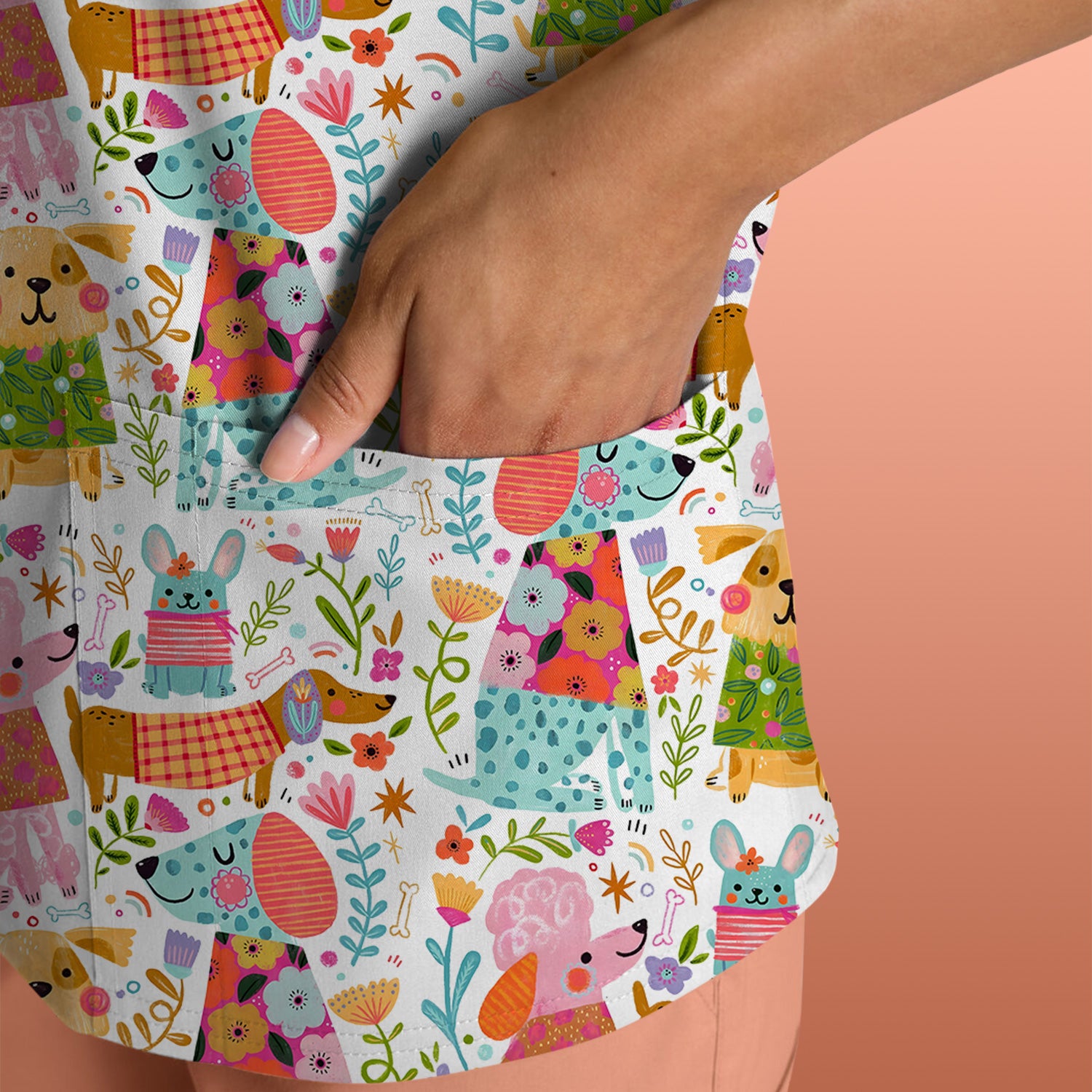 Cute Colorful Dog Floral Cartoon Pattern Scrub Top, Comfortable Scrubs For Nurses