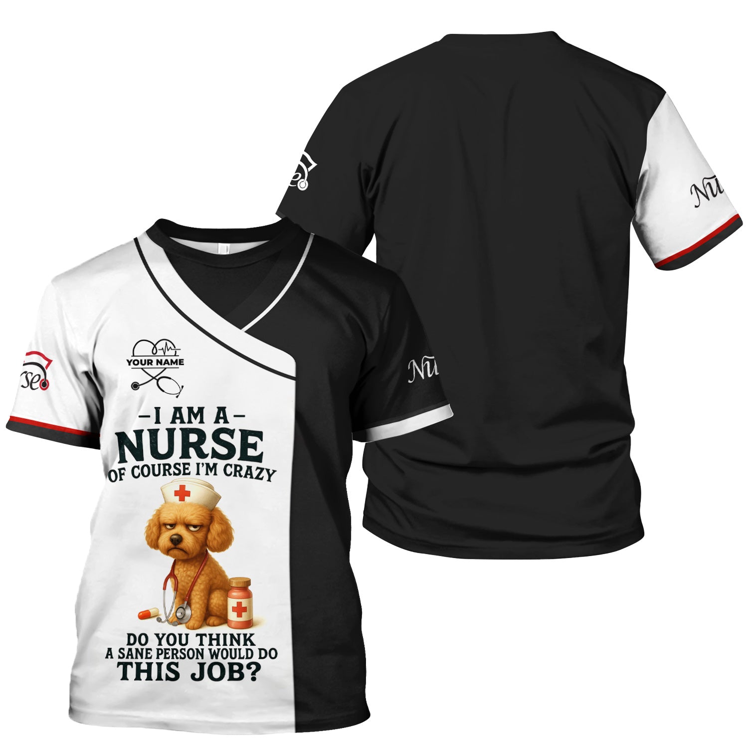 Personalized Nurse Scrub Top for Women RN LPN CNA - Custom Name Funny Grumpy Dog Saying Crazy Nurse Life Quote - Appreciation Gift for Healthcare Workers