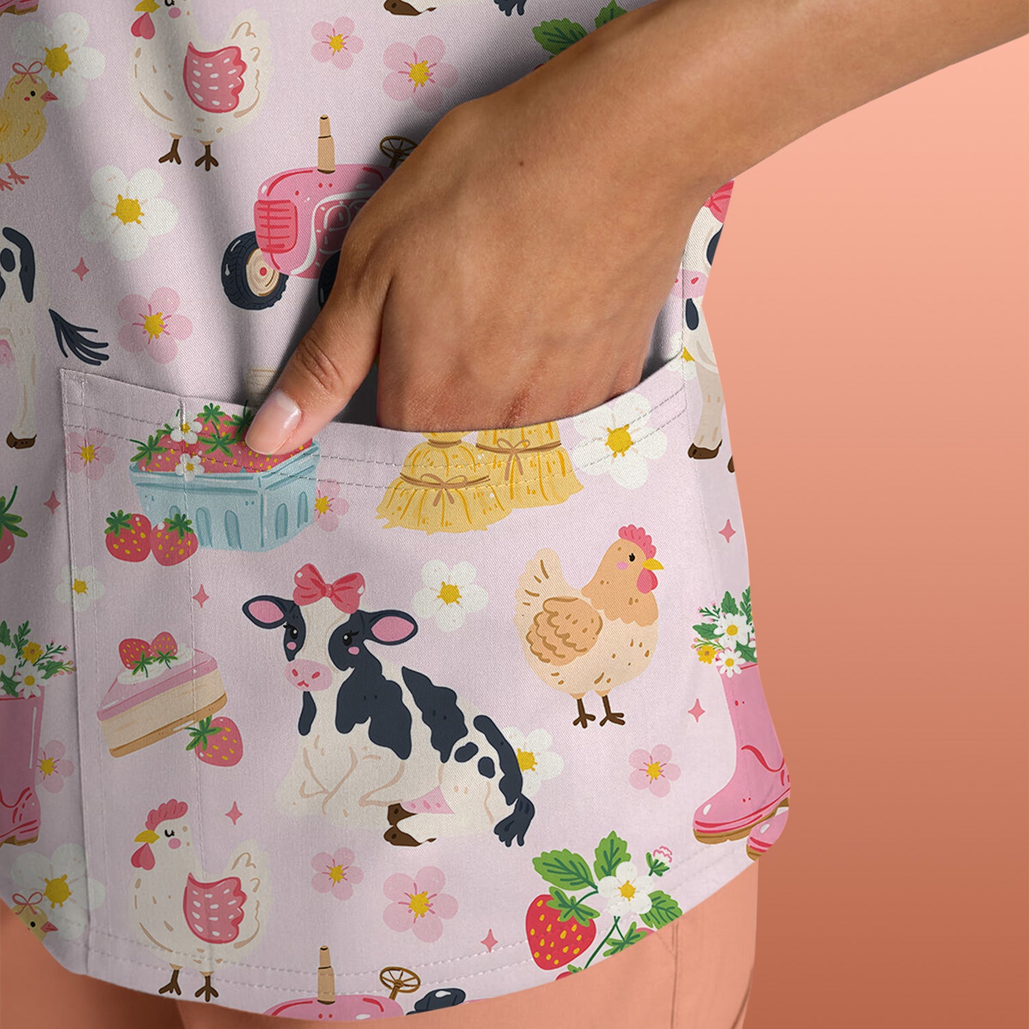 Cute Farm Animals & Strawberry Garden Pattern Scrub Top, Comfortable Scrubs for Nurses