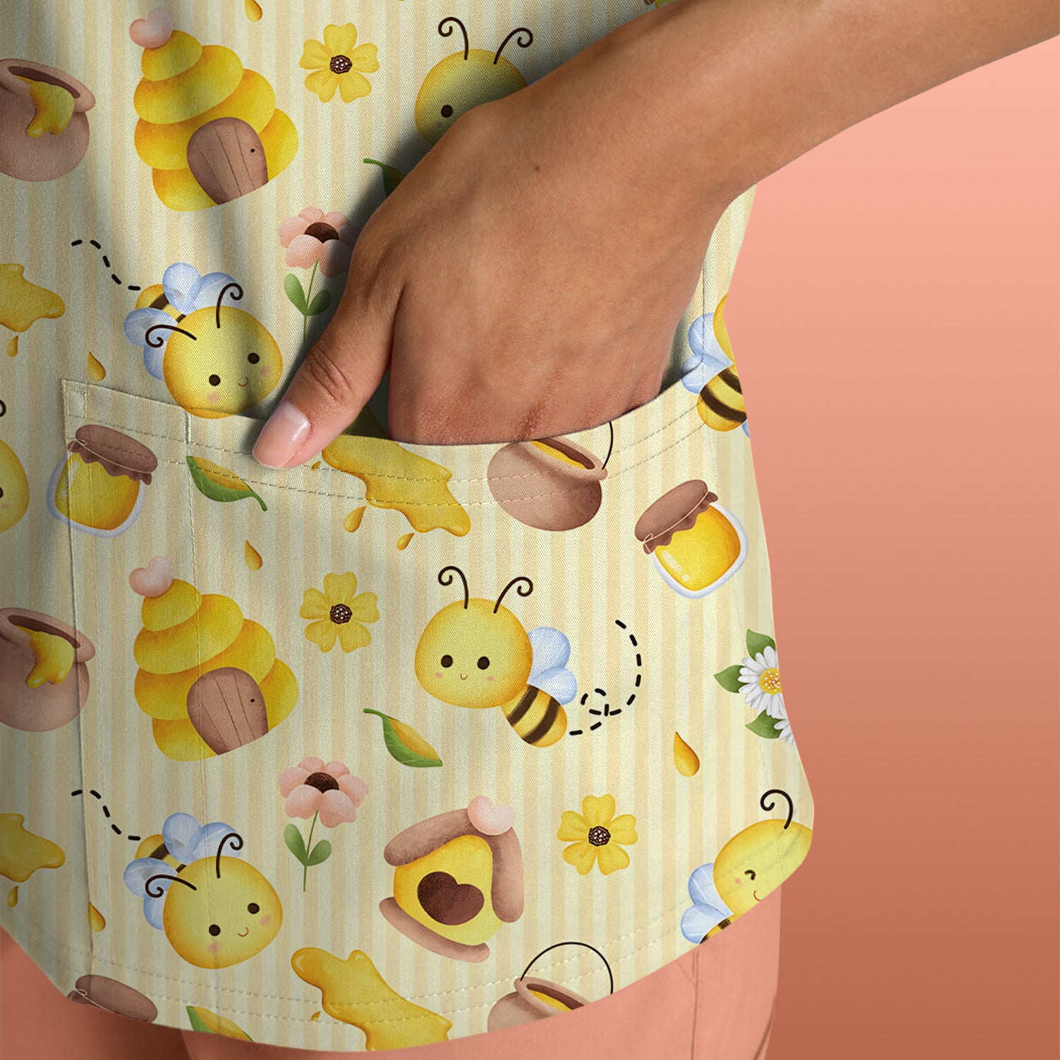 Cute Bee Honey Flower Stripe Pattern Scrub Top, Breathable Fabrics Nursing Uniform