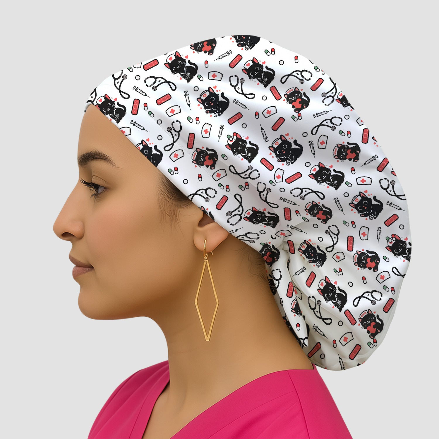 Cute Black Cat Nurse Scrub Cap for Women - Medical Surgical Hat with Stethoscope & Pill Print - Fun Gift for RN CNA LPN