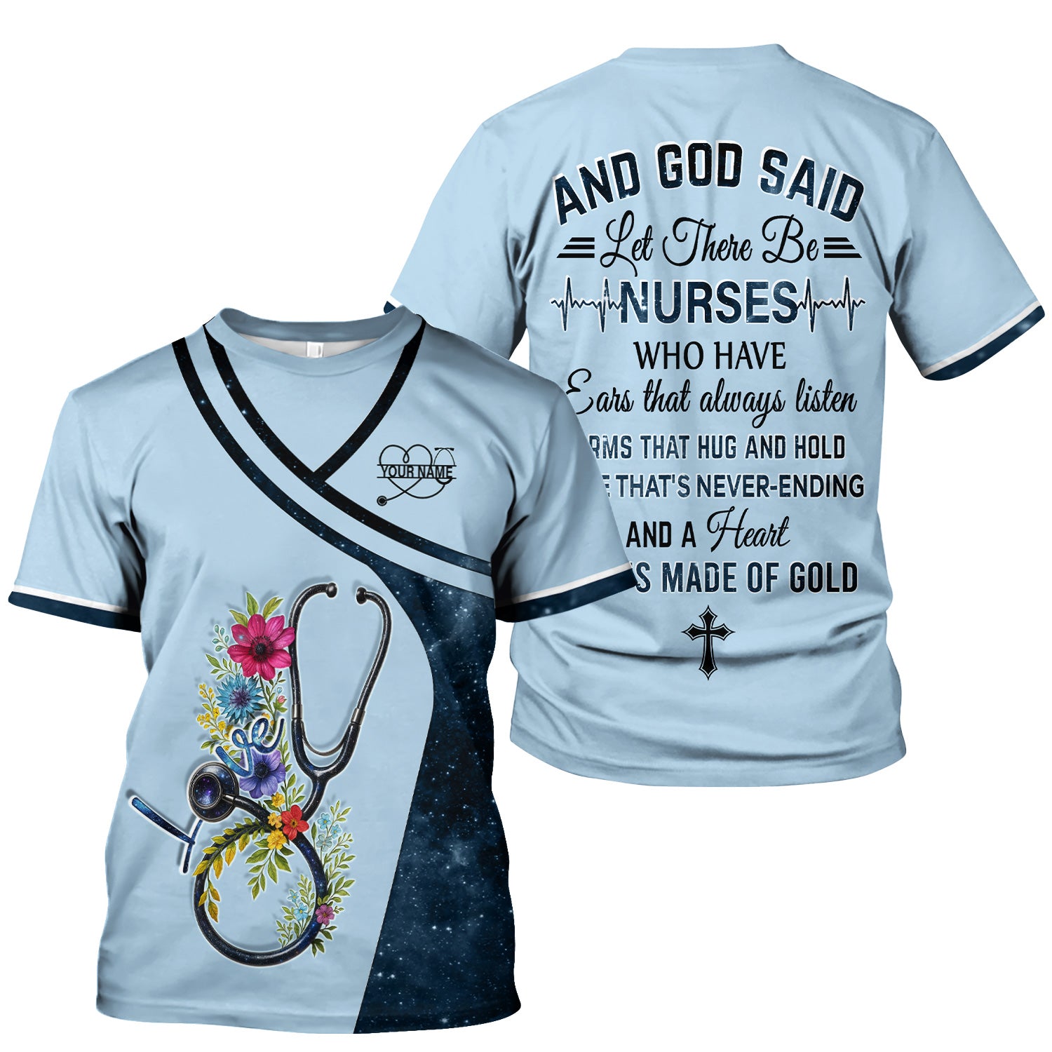 Personalized Nurse Love T-Shirt - Floral Stethoscope Galaxy Design - Custom Gift for RN LPN CNA Healthcare Workers