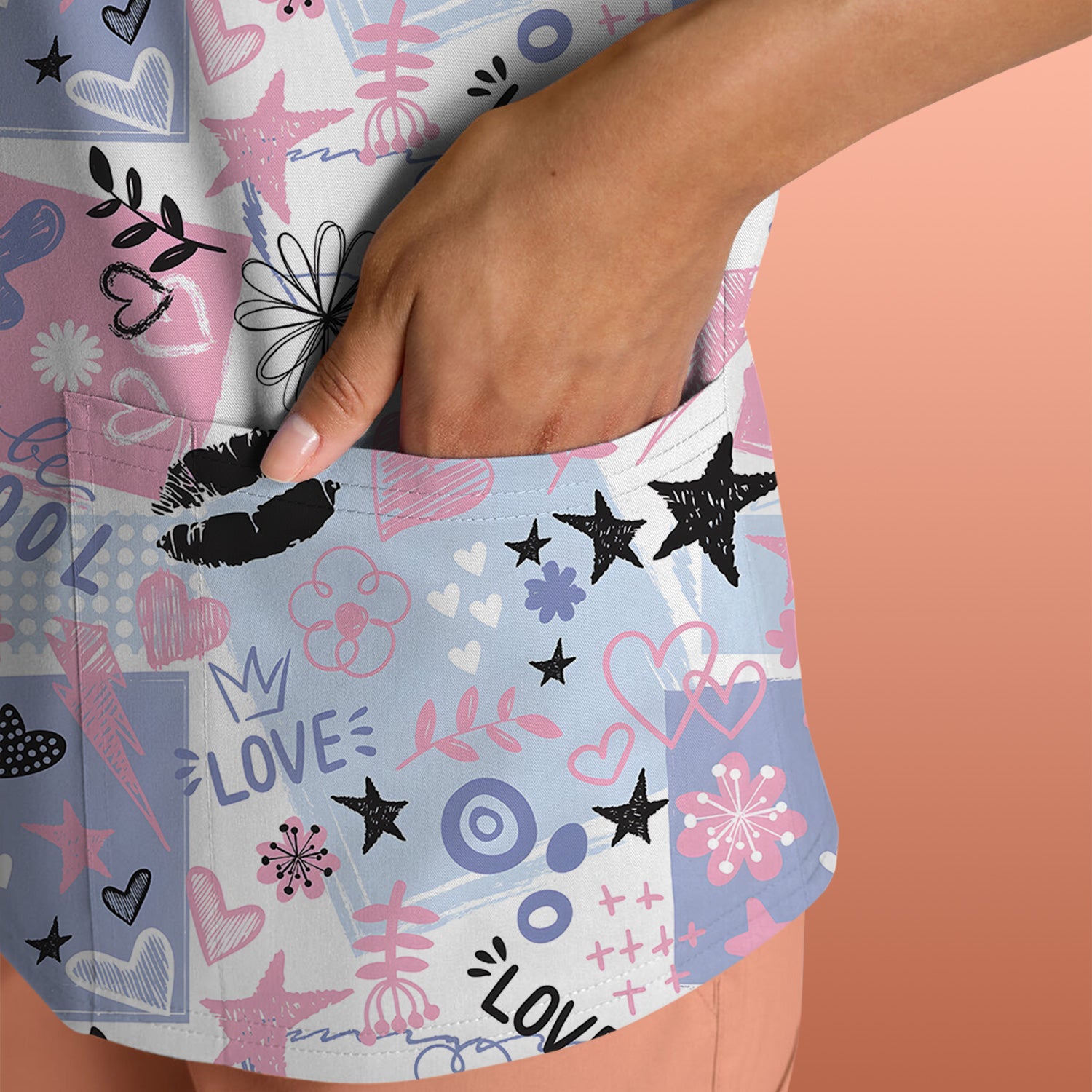 Cute Love Hearts Doodle Print Scrub Top, Comfortable Scrubs for Nurses