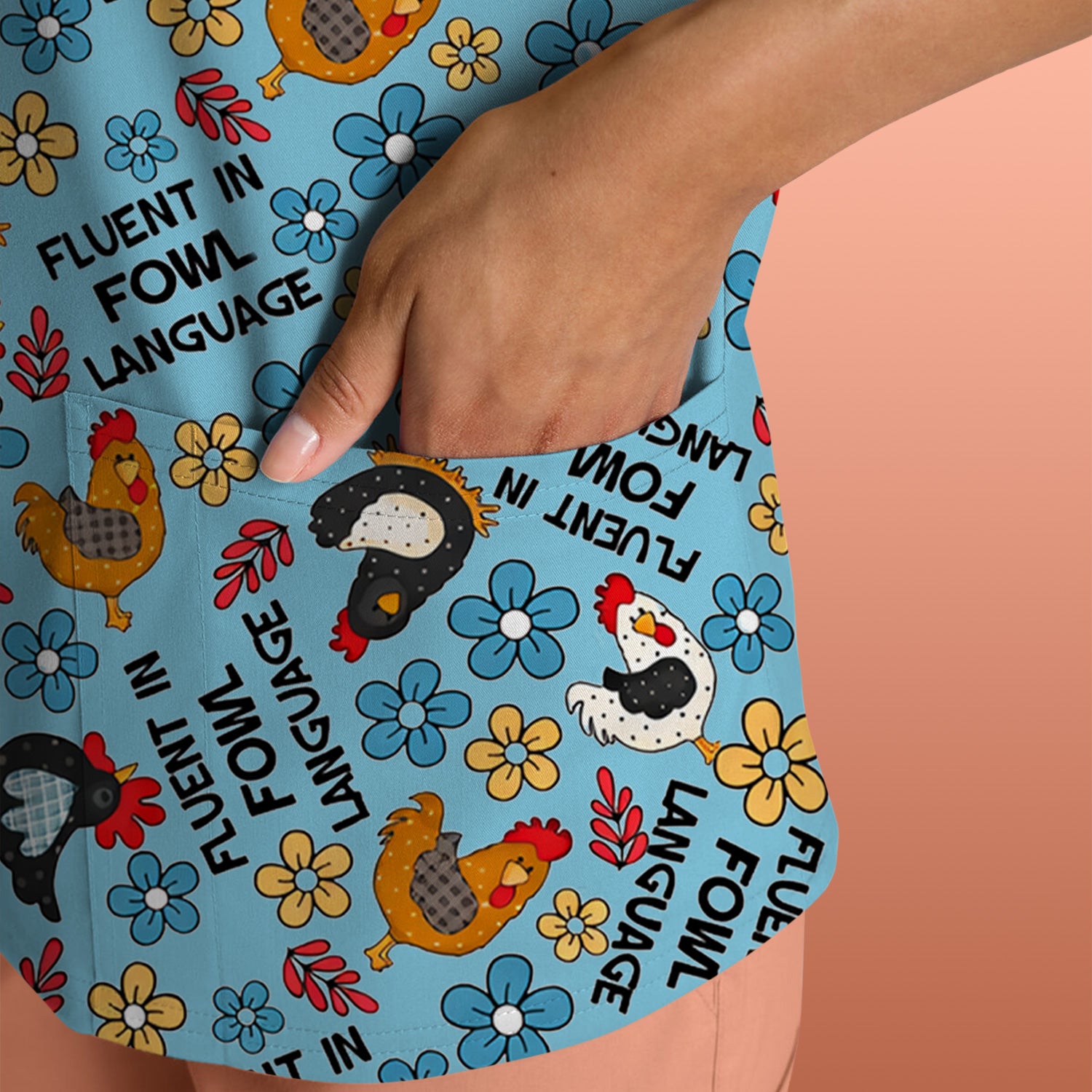 Funny Chicken Fluent in Fowl Language Pattern Scrub Top, Comfortable Scrubs for Nurses