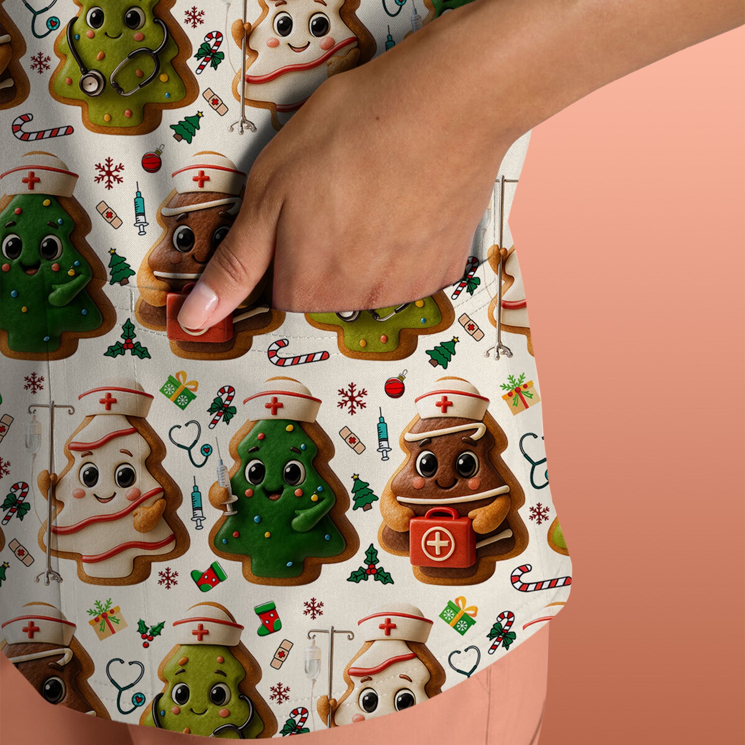Christmas Cookie Scrub Top – Festive Nurse & Holiday Tree Pattern – Cute Medical Uniform for Nurses, Vets and Healthcare Workers
