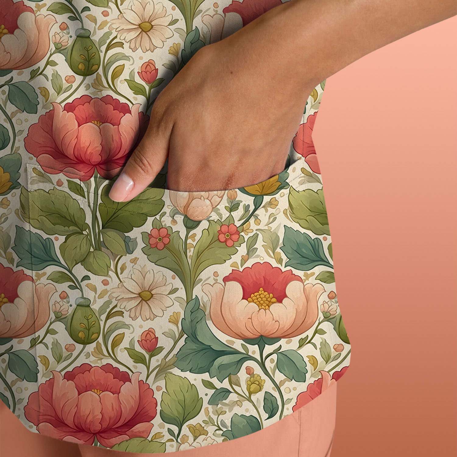 Vintage Botanical Peony Floral Pattern Scrub Top, Breathable Fabrics Nursing Uniform
