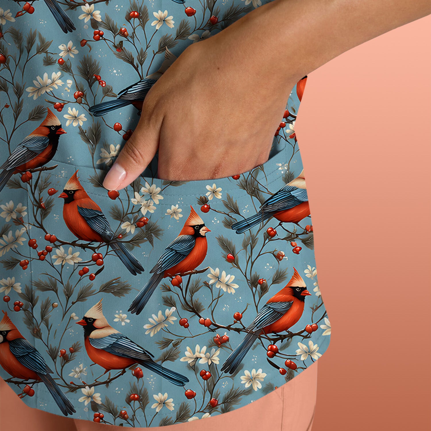 Cute Cardinal Berry Blossom Pattern Scrub Top, Comfortable Scrubs for Nurses