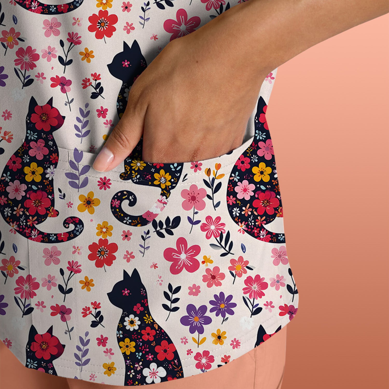 Floral Cat Silhouette Spring Garden Pattern Scrub Top, Comfortable Scrubs for Nurses